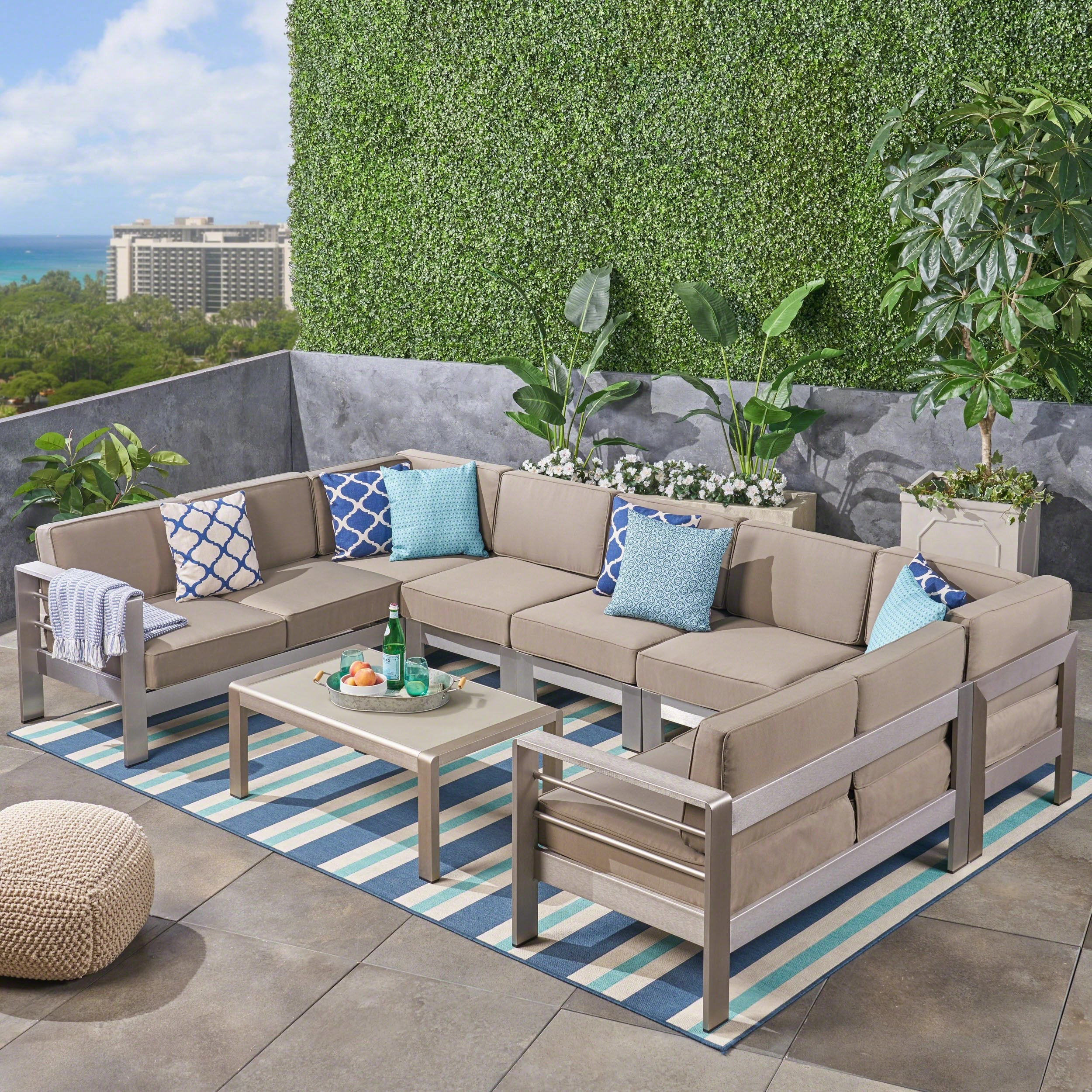 Outdoor 9-Seater Aluminum Sectional Sofa Set with Coffee Table, Silver and Khaki - NH105603 outdoor furniture, garden bench