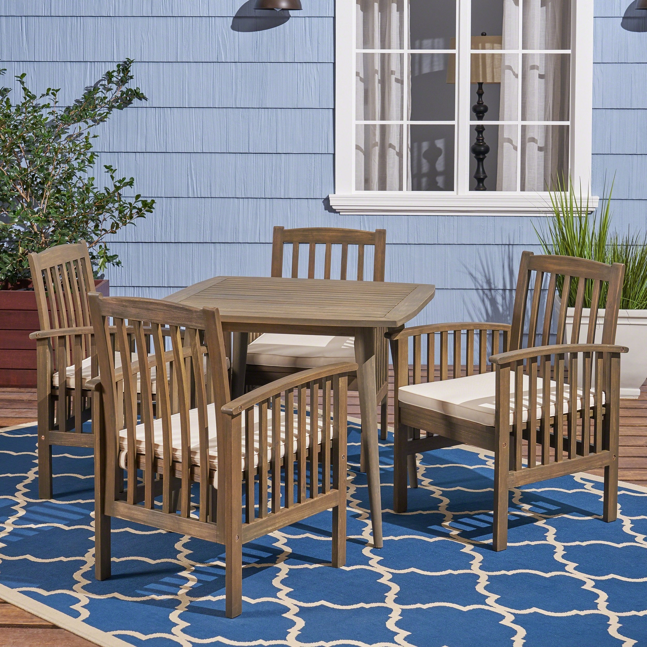 Outdoor Acacia 4-Seater Dining Set with Cushions and 36" Square Table with Straight Legs - NH612703