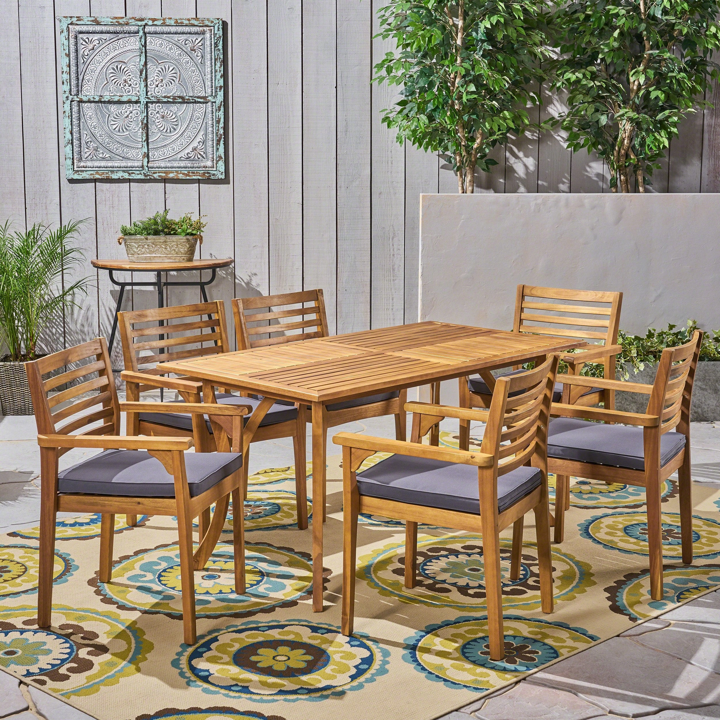 Outdoor Acacia 6-Seater Dining Set with Cushions and 59" Rectangular Table with Carved Legs - NH042703 outdoor lounge chair, patio sofa
