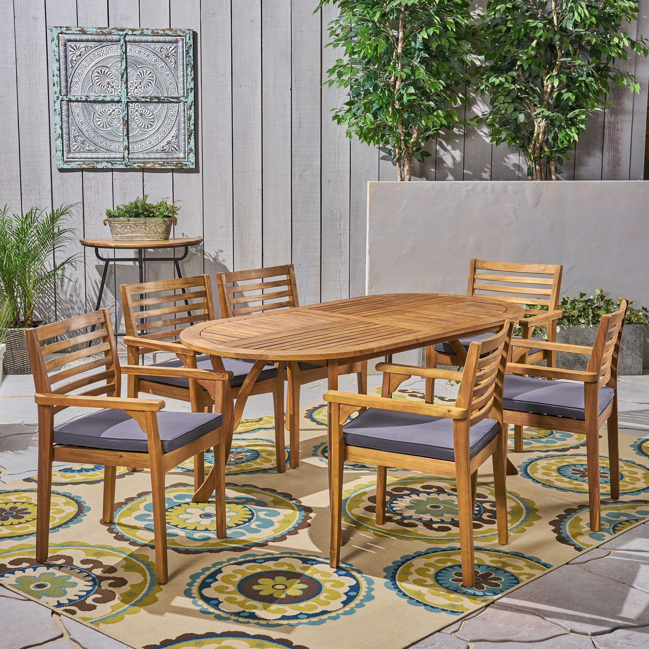 Outdoor Acacia 6-Seater Dining Set with Cushions and 70" Oval Table with Carved Legs - NH142703 outdoor lounge chair, patio sofa