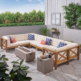 Outdoor Acacia Wood 10-Piece U-Shaped Sectional Sofa Set with Fire Pit - NH847603 outdoor furniture, garden bench