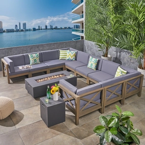 Outdoor Acacia Wood 10 Pieces U-Shaped Sectional Sofa Set with Fire Pit - NH277603 outdoor furniture, garden bench