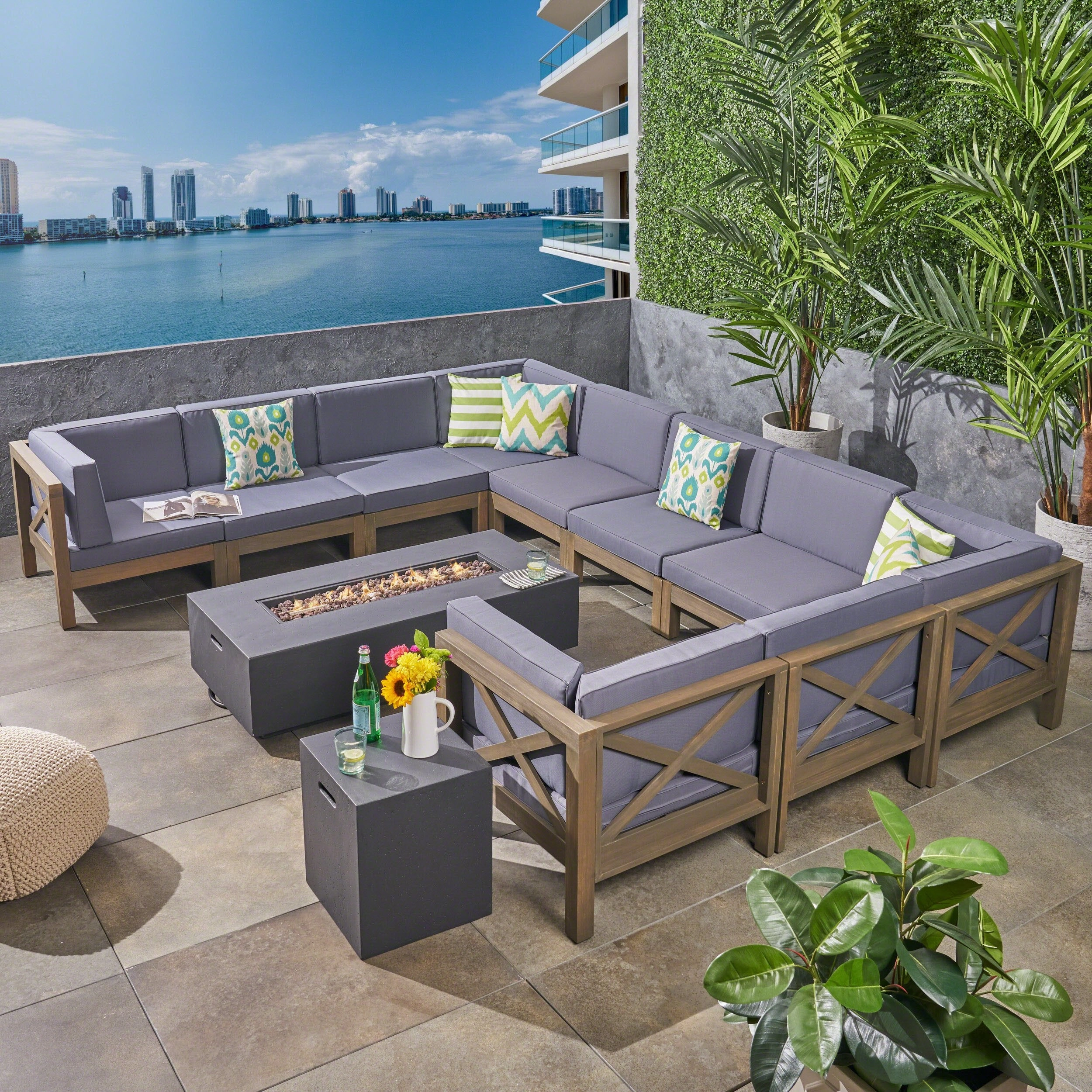 Outdoor Acacia Wood 10 Pieces U-Shaped Sectional Sofa Set with Fire Pit - NH277603 outdoor furniture, garden bench