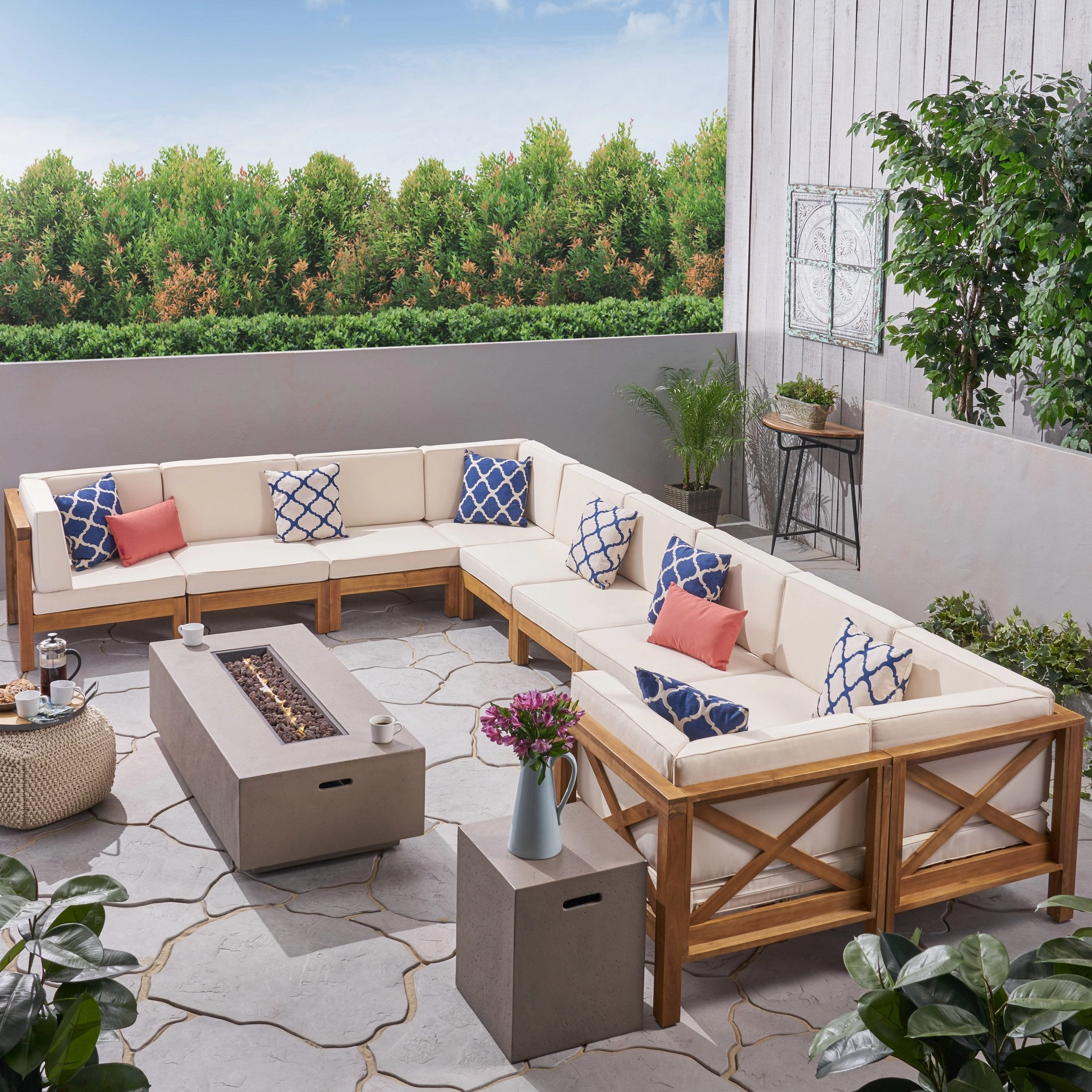 Outdoor Acacia Wood 10 Seater U-Shaped Sectional Sofa Set with Fire Pit - NH077603 outdoor furniture, garden bench