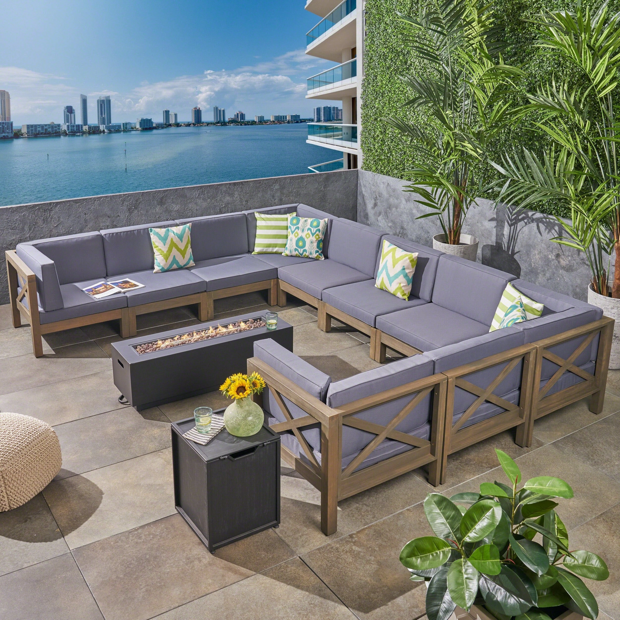 Outdoor Acacia Wood 10 Seater U-Shaped Sectional Sofa Set with Fire Pit - NH977603 outdoor furniture, garden bench