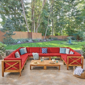 Outdoor Acacia Wood 10 Seater U-Shaped Sectional Sofa Set with Two Coffee Tables - NH567603 outdoor furniture, garden bench