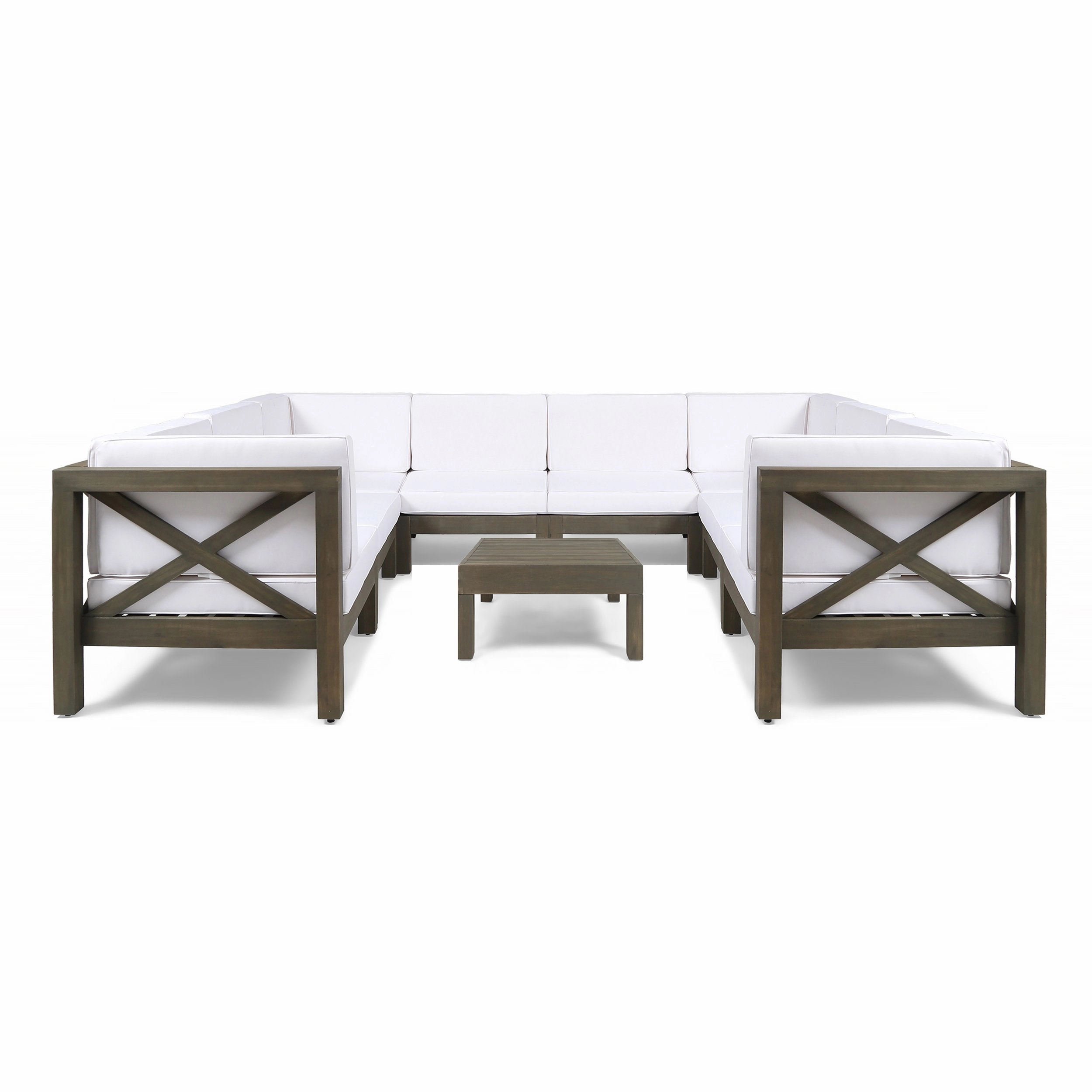 Outdoor Acacia Wood 10 Seater U-Shaped Sectional Sofa Set with Two Coffee Tables - NH567603