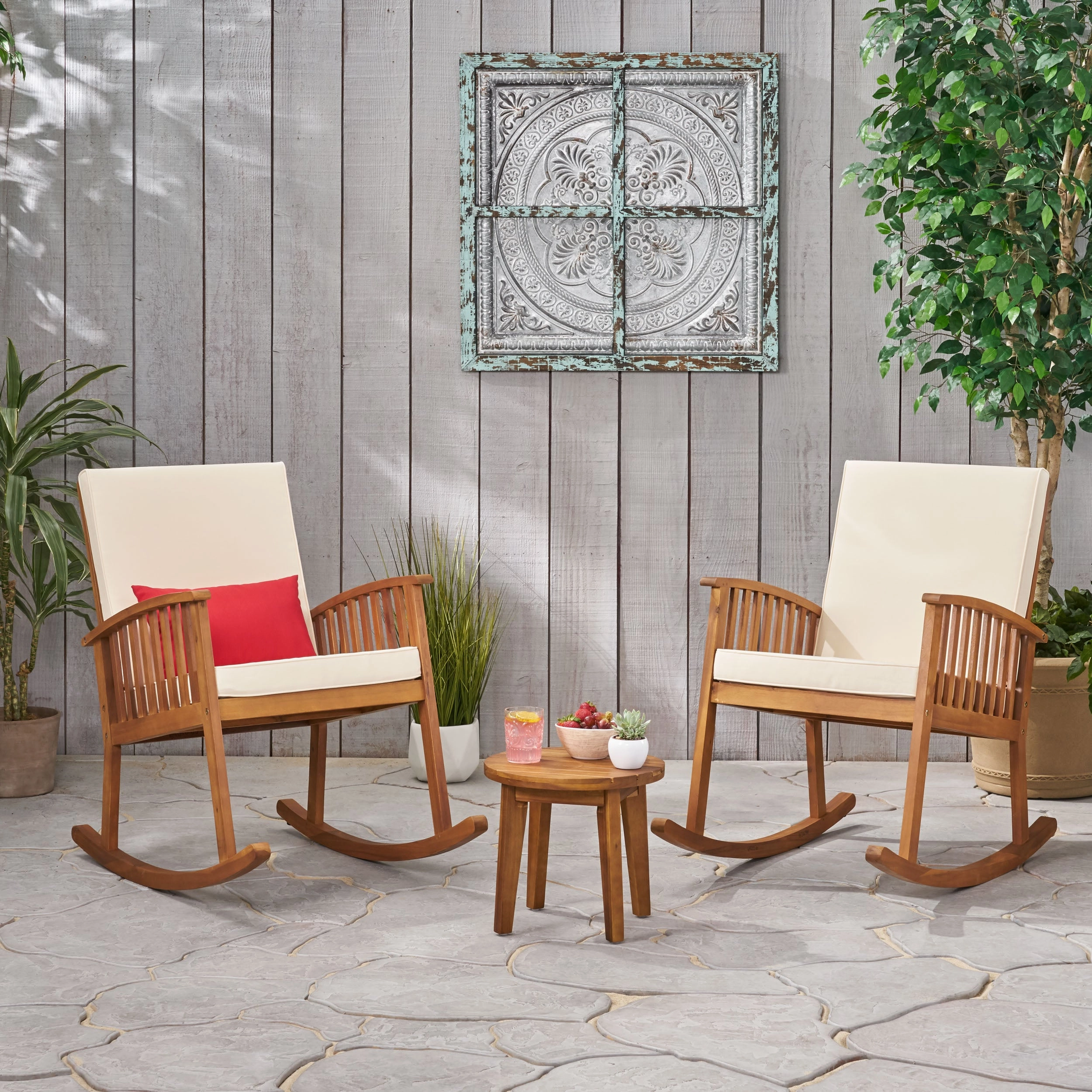 Outdoor Acacia Wood 2 Seater Rocking Chairs and Side Table Set - NH296903 outdoor furniture, garden bench