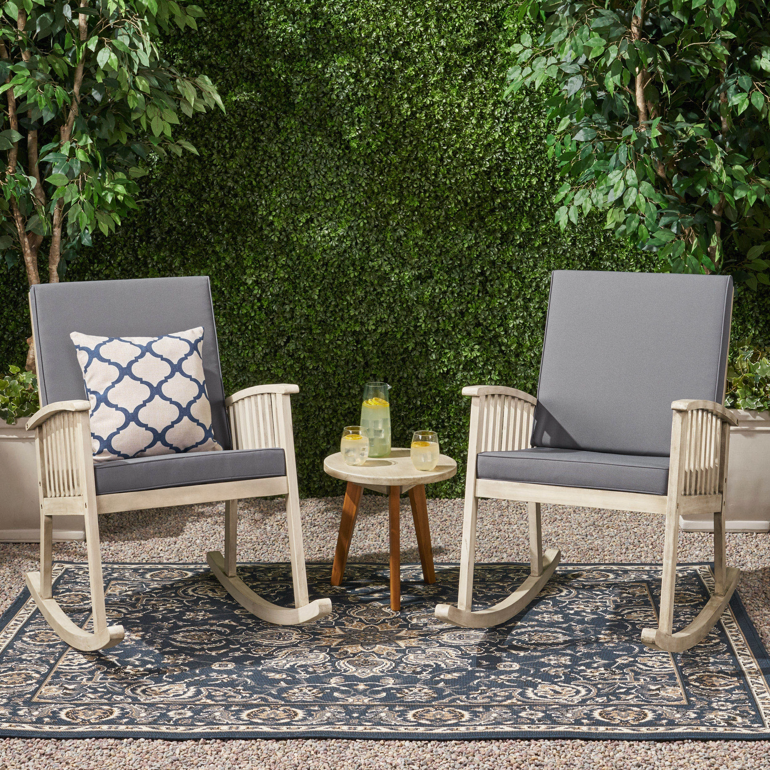 Outdoor Acacia Wood 2 Seater Rocking Chairs and Side Table Set - NH496903 outdoor furniture, garden bench