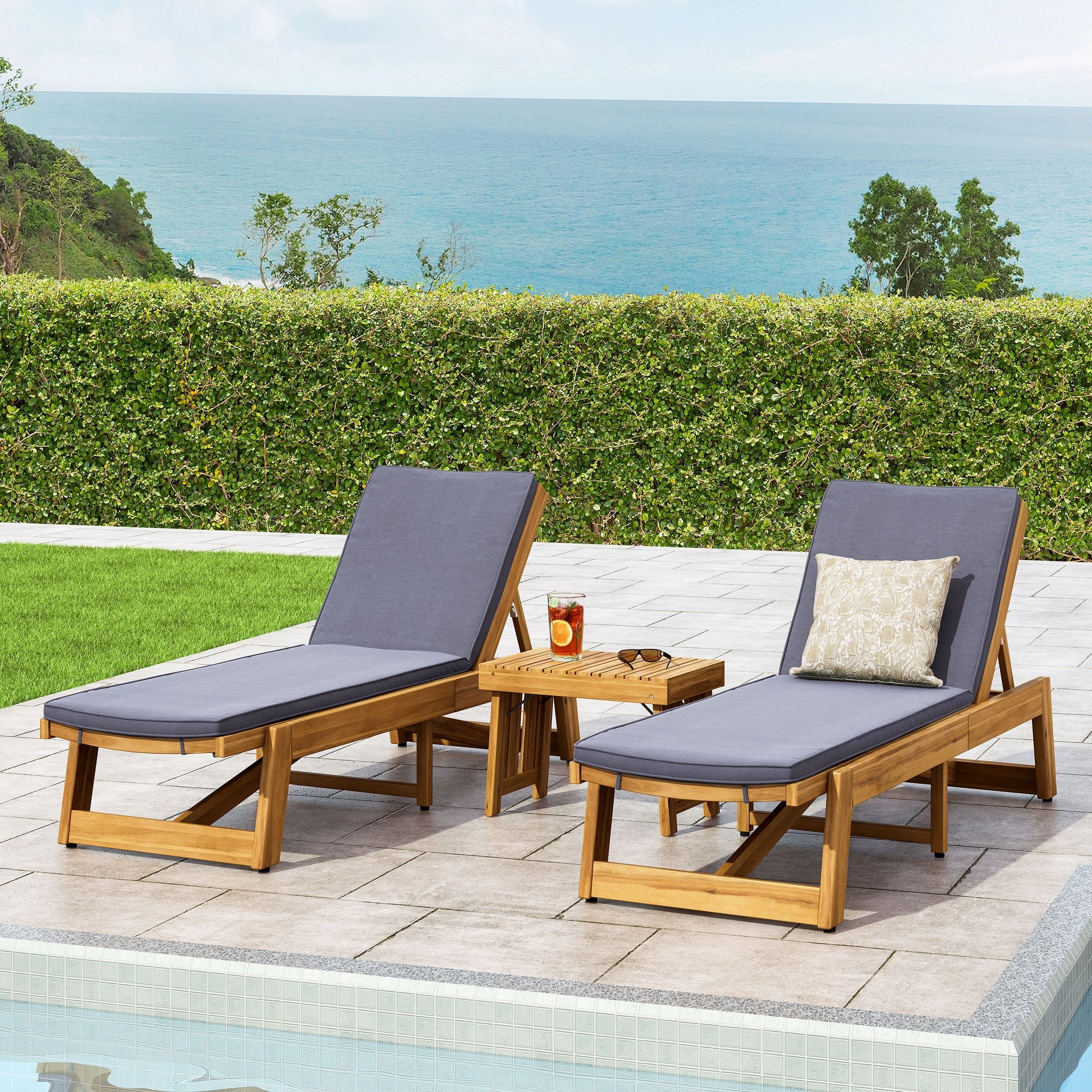 Outdoor Acacia Wood 3 Piece Chaise Lounge Set with Water-Resistant Cushions - NH927213