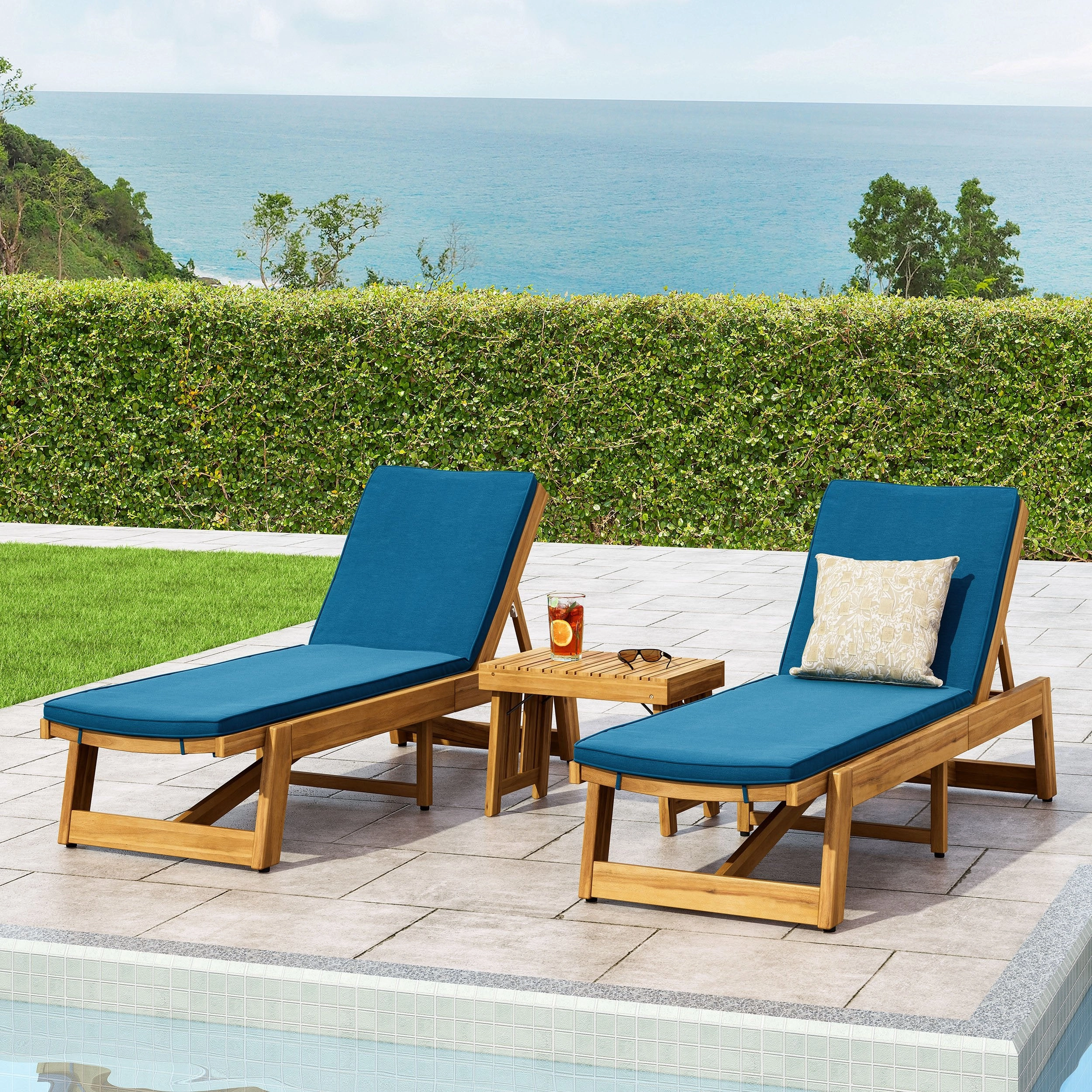 Outdoor Acacia Wood 3 Piece Chaise Lounge Set with Water-Resistant Cushions - NH927213 patio umbrella, gazebo