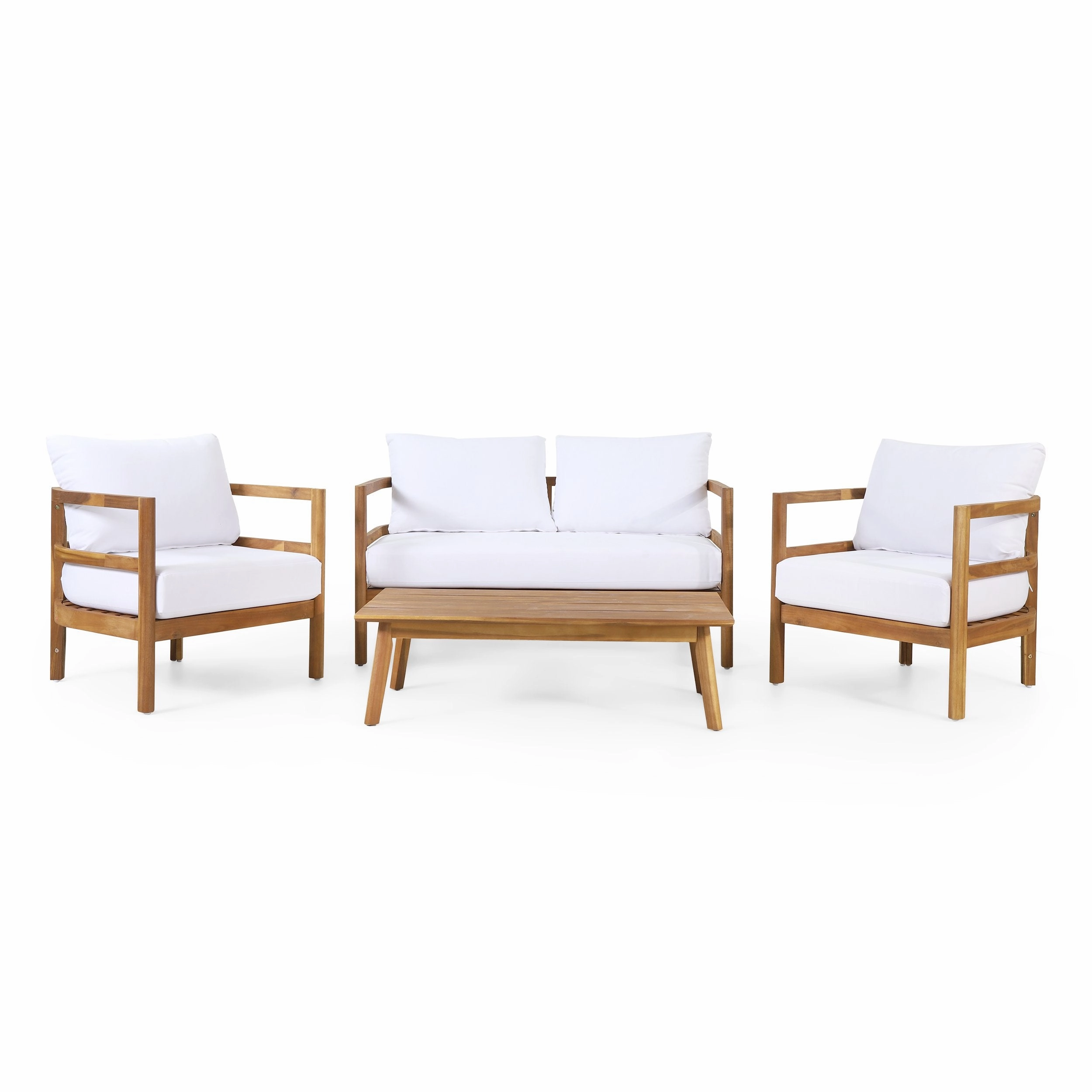 Outdoor Acacia Wood 4-Seater Chat Set with Cushion, Teak and White - NH056513 outdoor furniture, garden bench