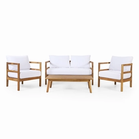 Outdoor Acacia Wood 4-Seater Chat Set with Cushion, Teak and White - NH056513 outdoor furniture, garden bench