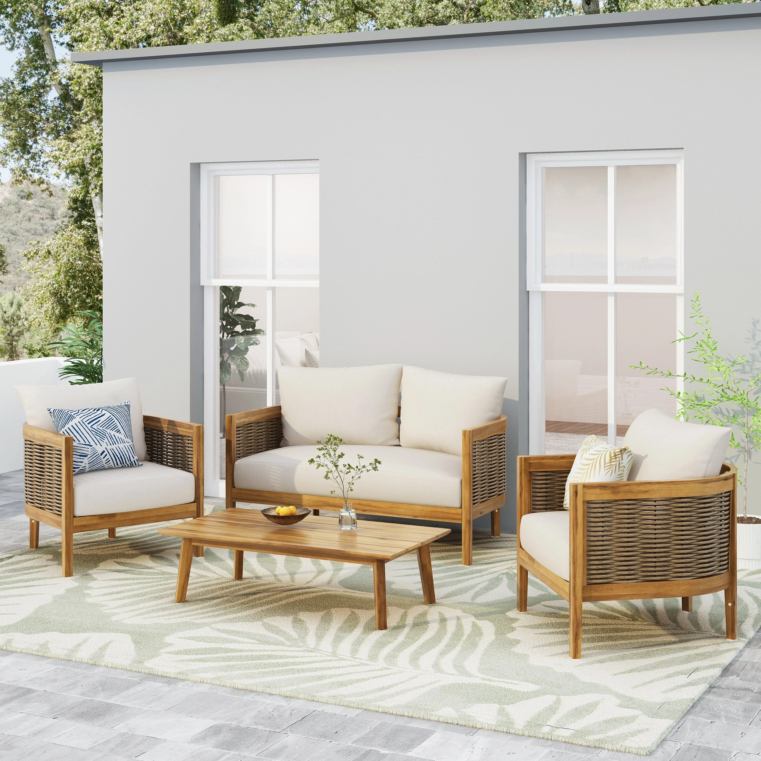 Outdoor Acacia Wood 4 Seater Chat Set with Cushions - NH279313