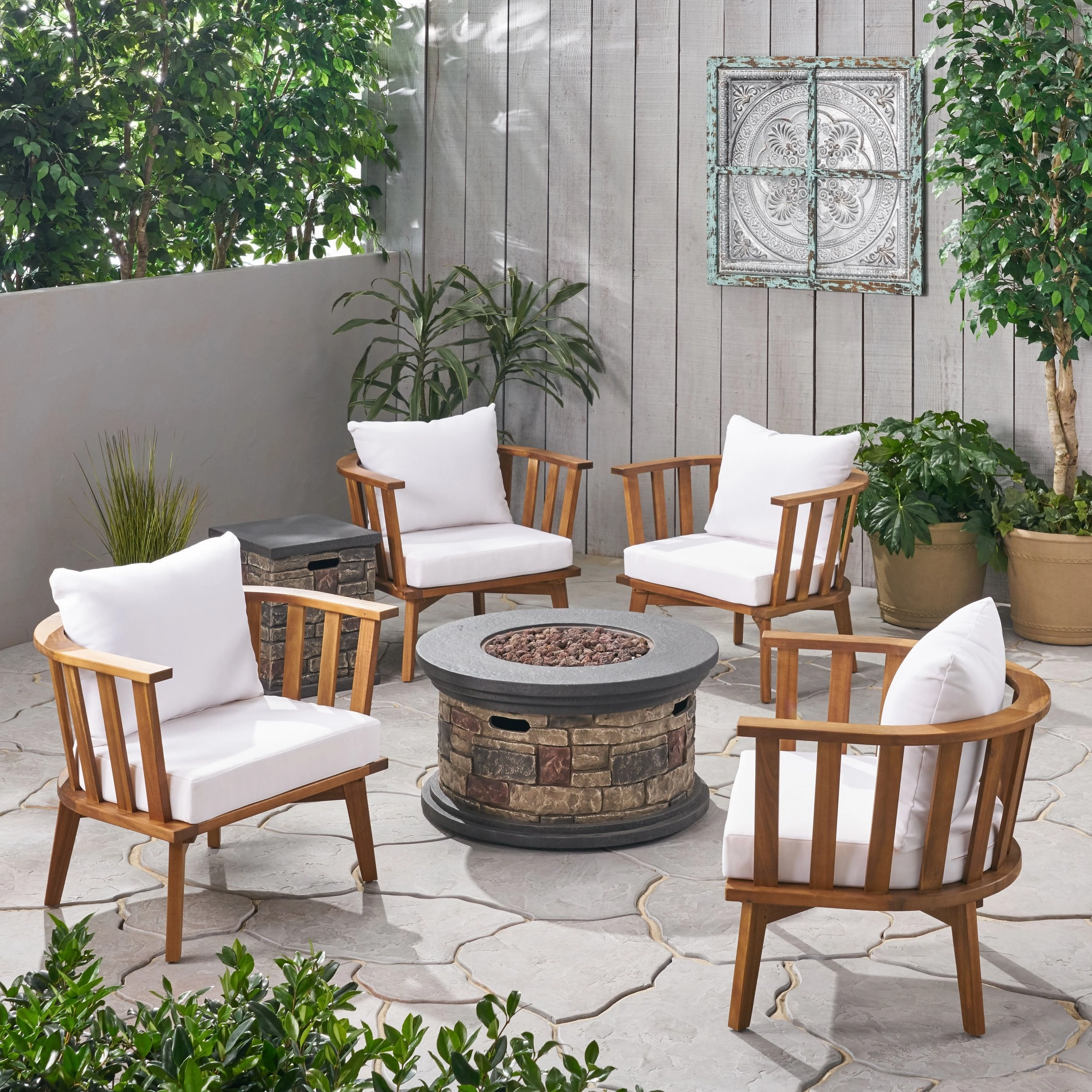 Outdoor Acacia Wood 4 Seater Club Chairs and Fire Pit Set - NH026903 outdoor furniture, garden bench
