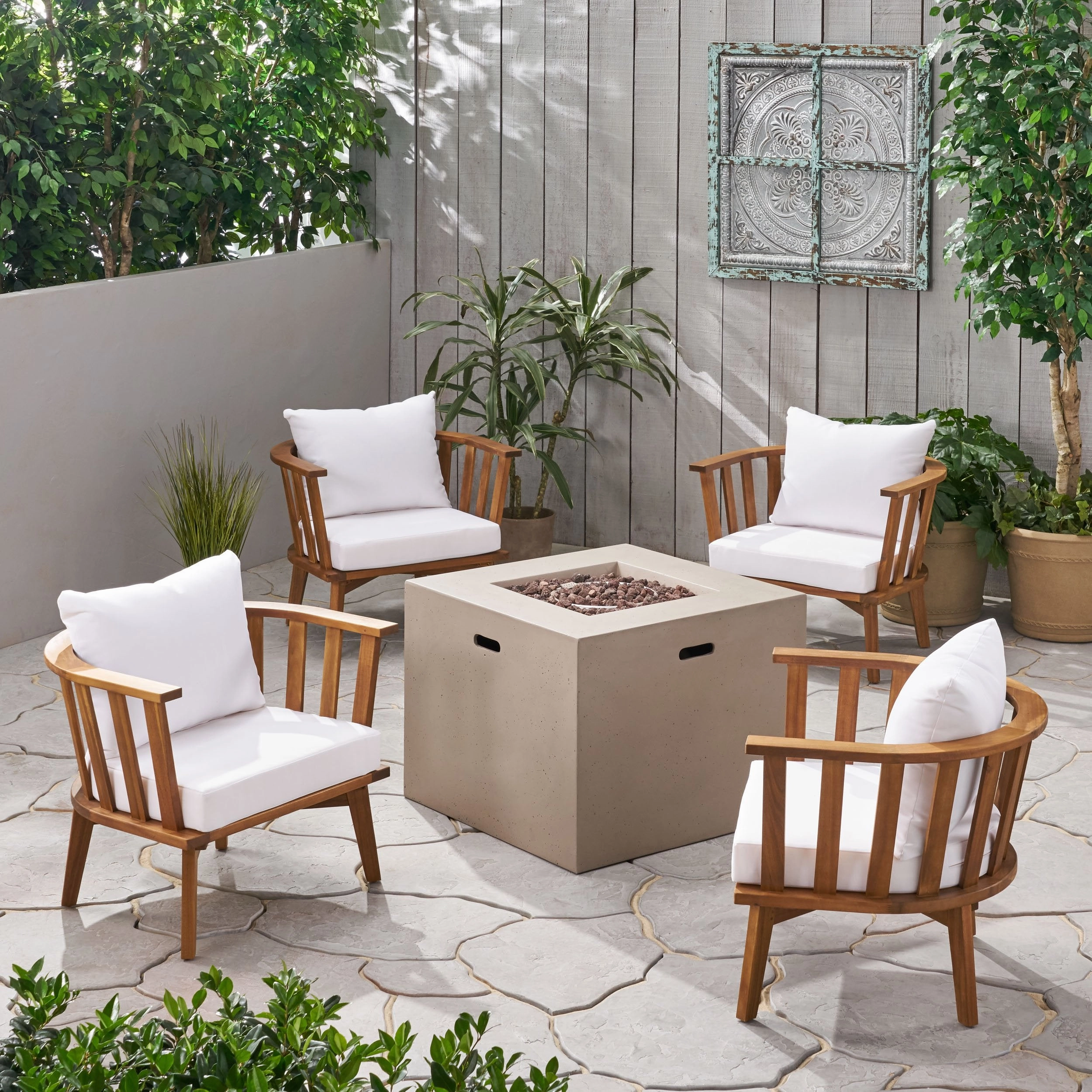 Outdoor Acacia Wood 4 Seater Club Chairs and Fire Pit Set - NH036903 outdoor furniture, garden bench