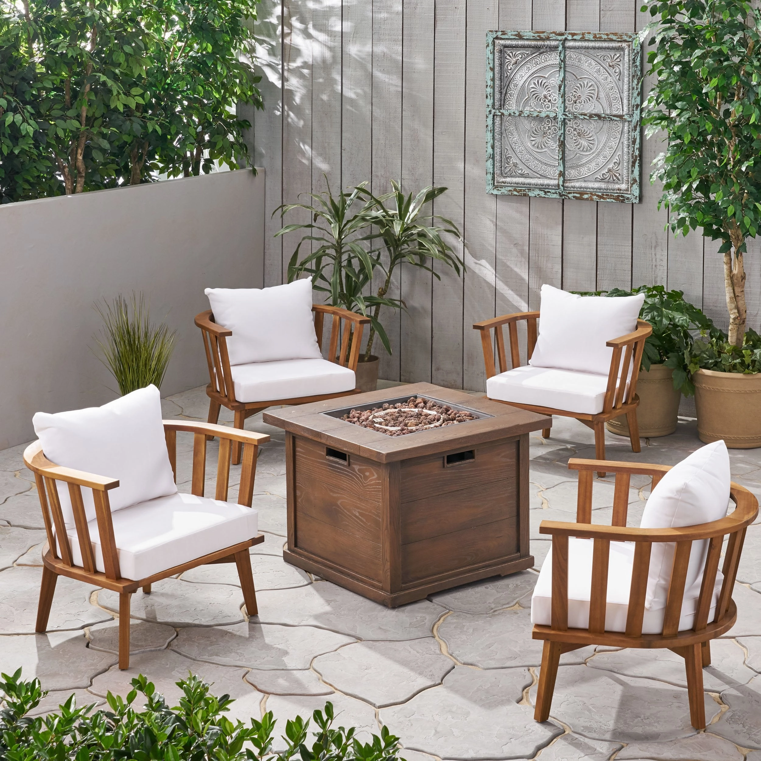 Outdoor Acacia Wood 4 Seater Club Chairs and Fire Pit Set - NH136903 outdoor furniture, garden bench