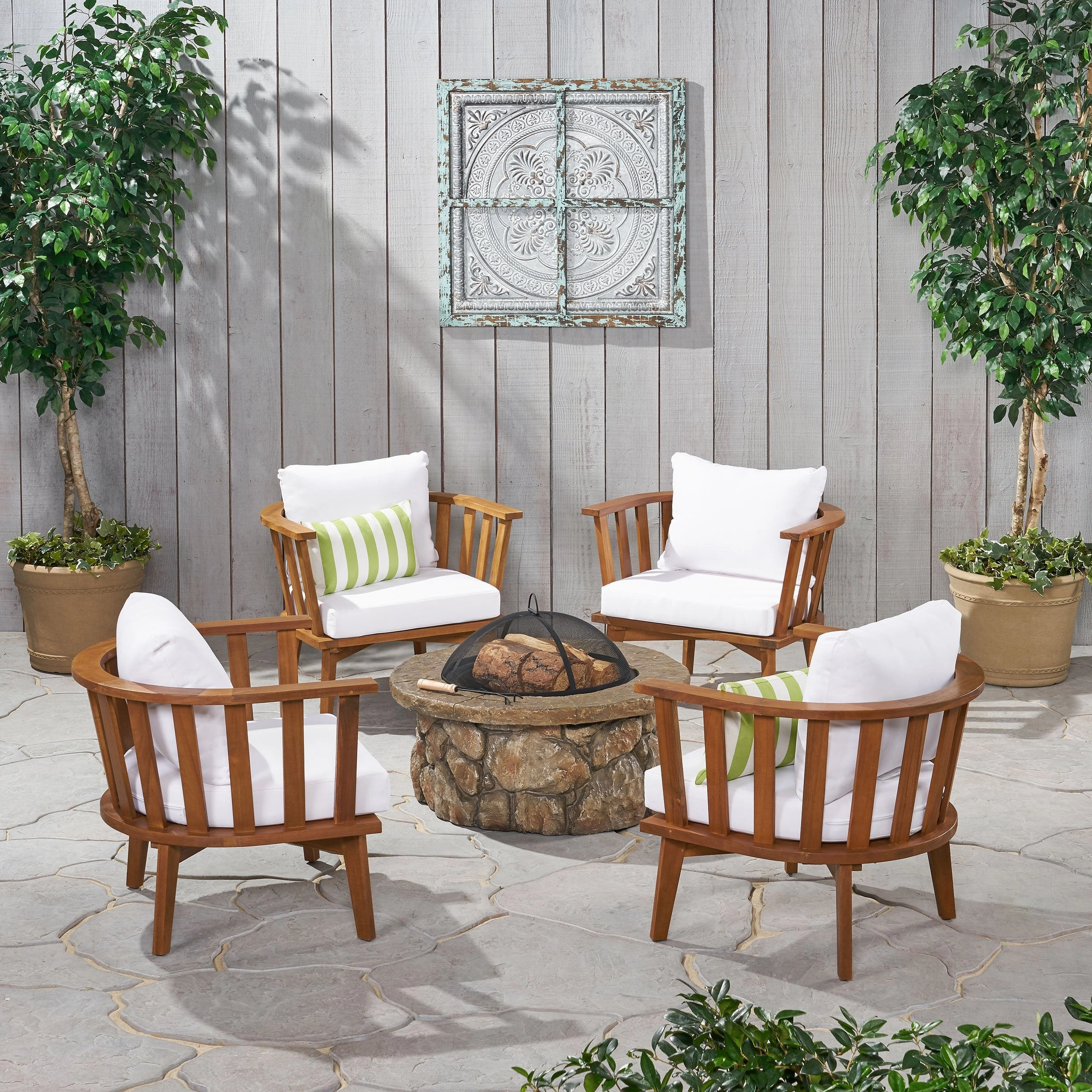 Outdoor Acacia Wood 4 Seater Club Chairs and Fire Pit Set - NH916903 outdoor furniture, garden bench