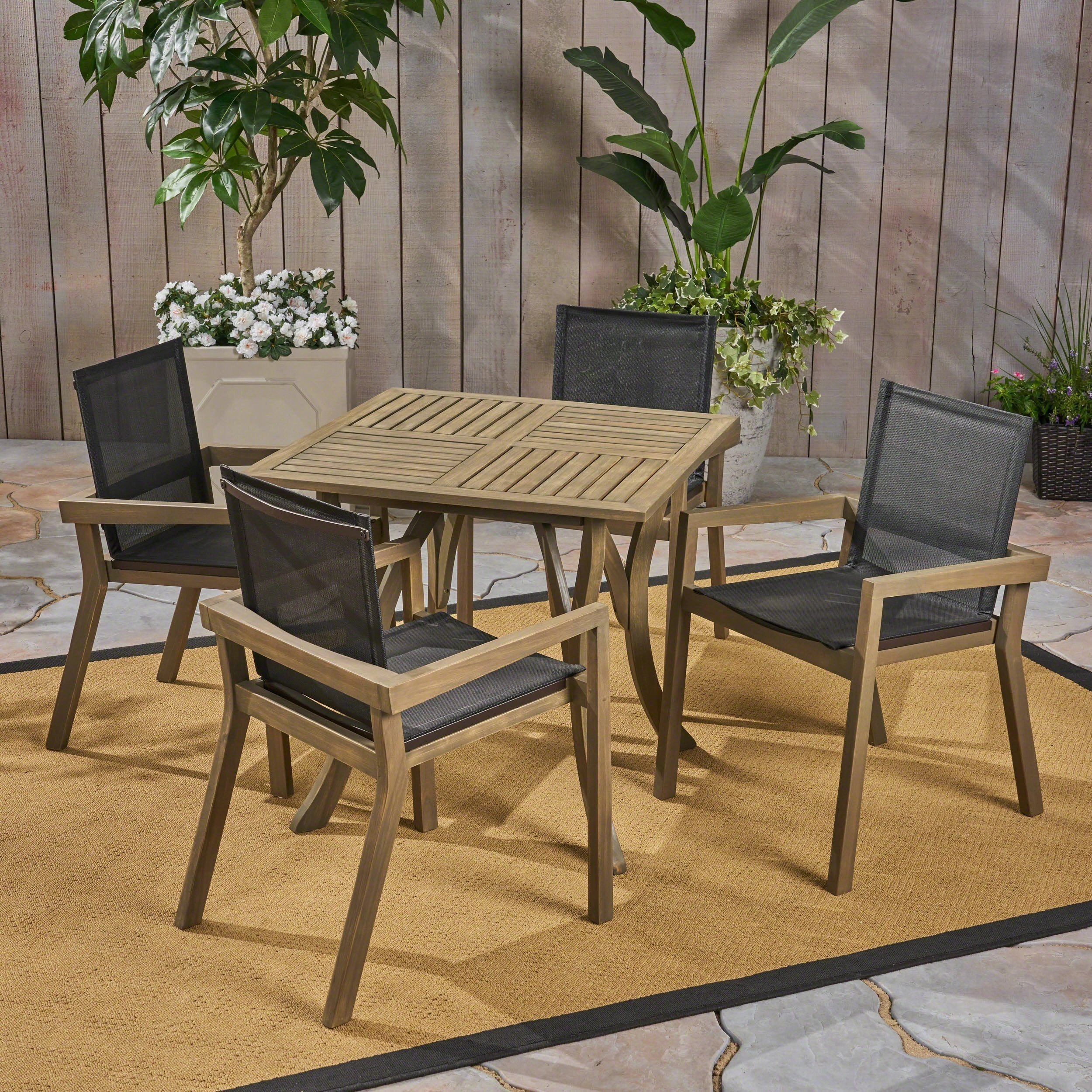 Outdoor Acacia Wood 4 Seater Square Dining Set with Mesh Seats - NH159603