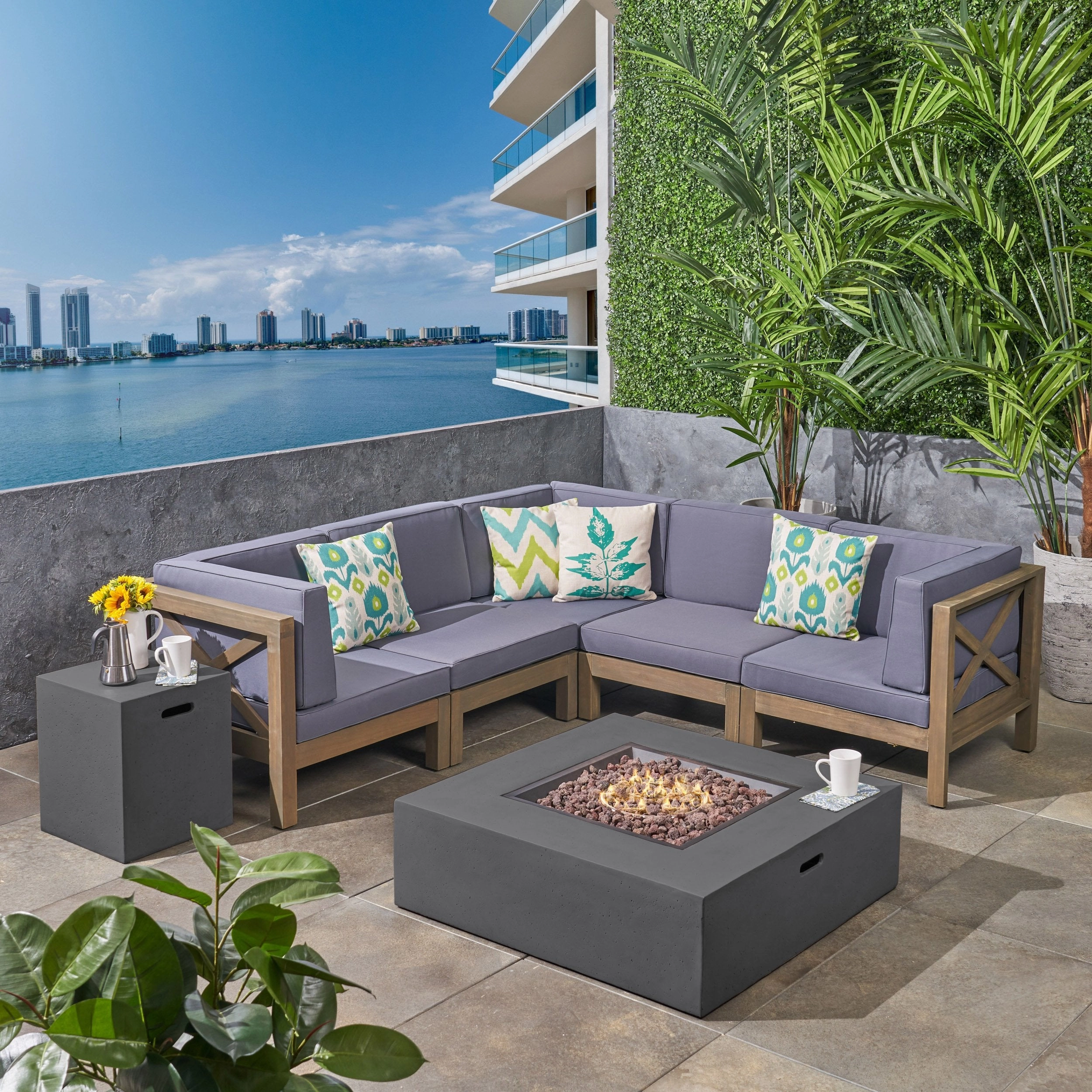 Outdoor Acacia Wood 5 Seater Sectional Sofa Set with Fire Pit - NH027603 outdoor furniture, garden bench