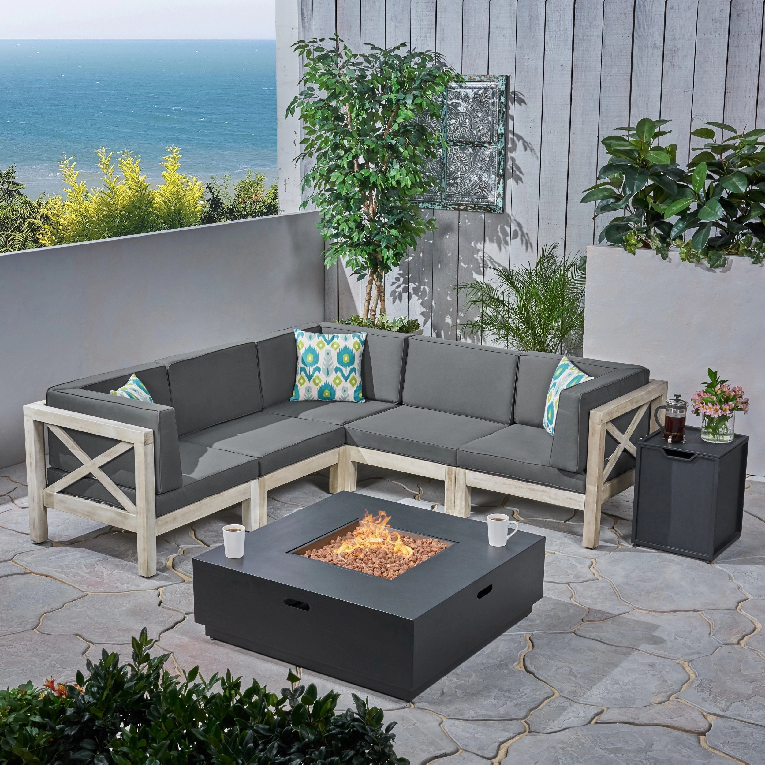 Outdoor Acacia Wood 5 Seater Sectional Sofa Set with Fire Pit - NH527603