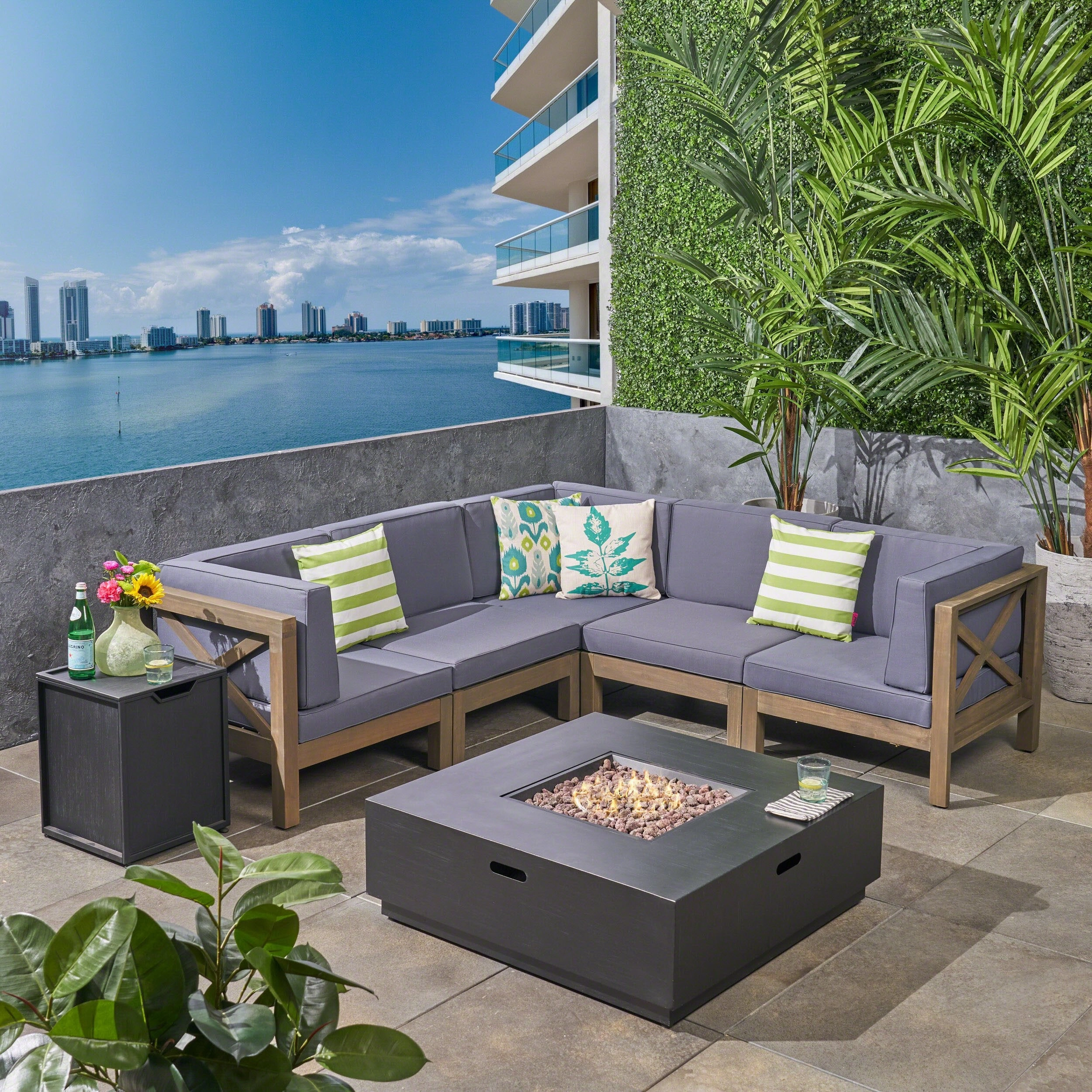 Outdoor Acacia Wood 5 Seater Sectional Sofa Set with Fire Pit - NH727603 outdoor furniture, garden bench