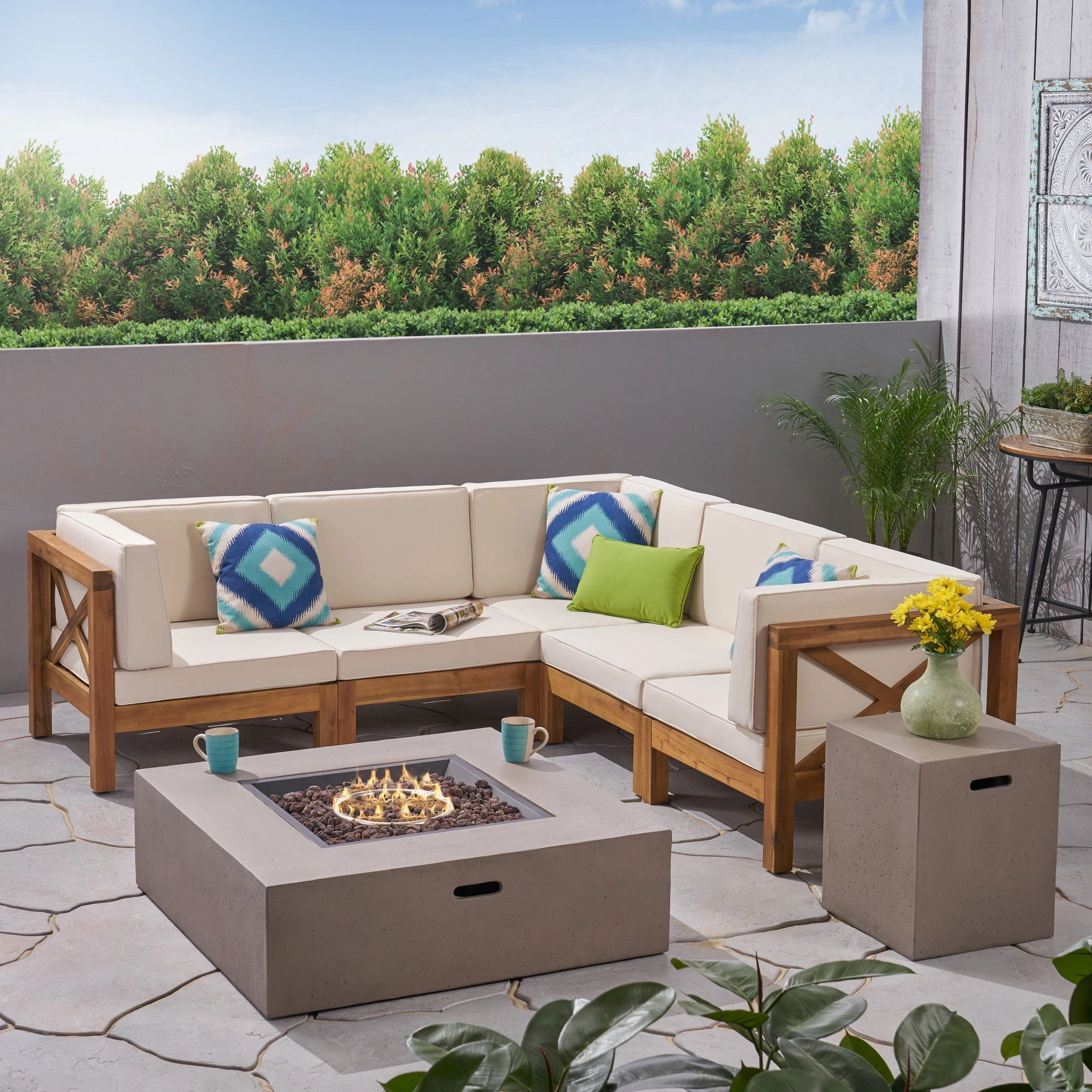 Outdoor Acacia Wood 5 Seater Sectional Sofa Set with Fire Pit - NH817603 outdoor furniture, garden bench