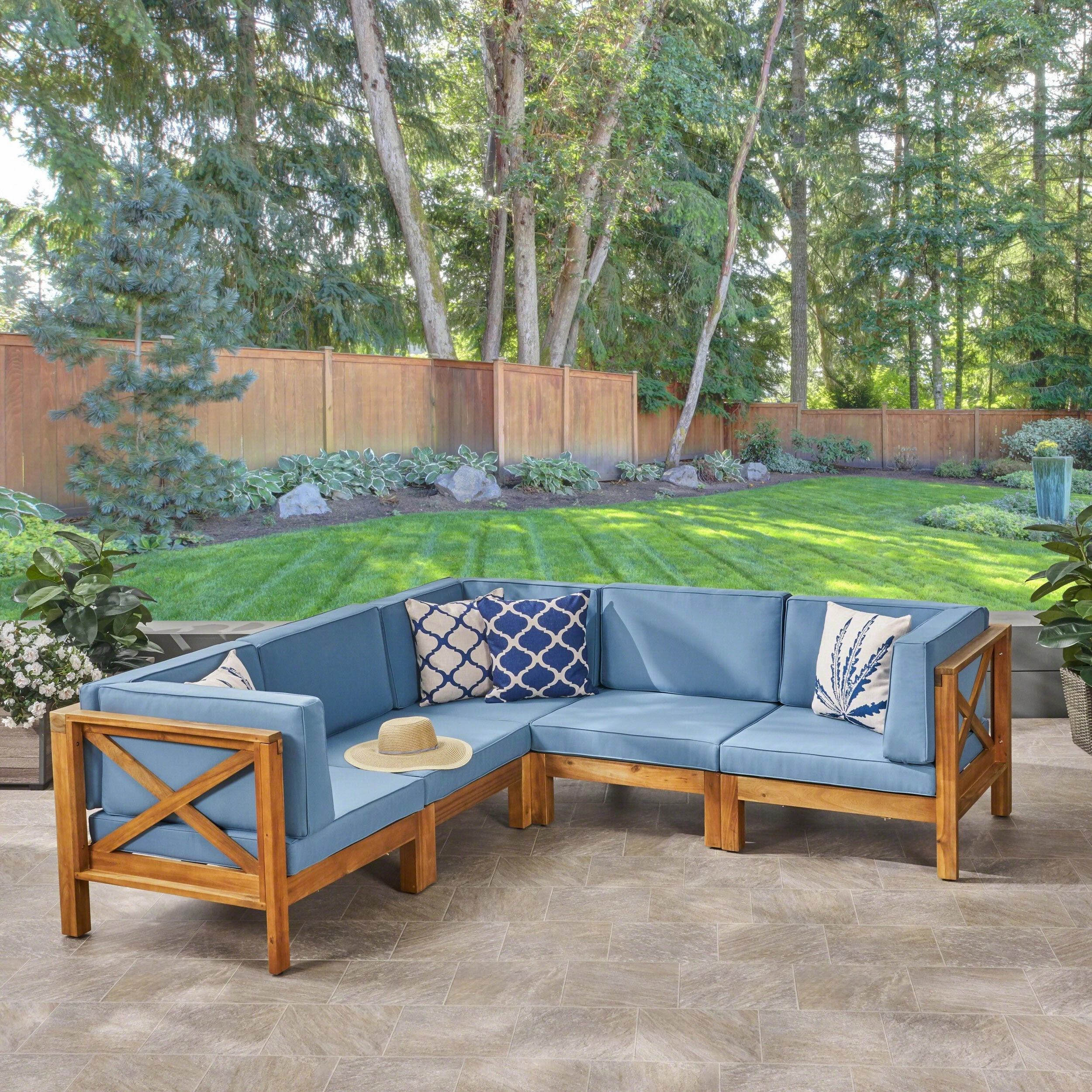 Outdoor Acacia Wood 5 Seater Sectional Sofa Set with Water-Resistant Cushions - NH807603 outdoor furniture, garden bench