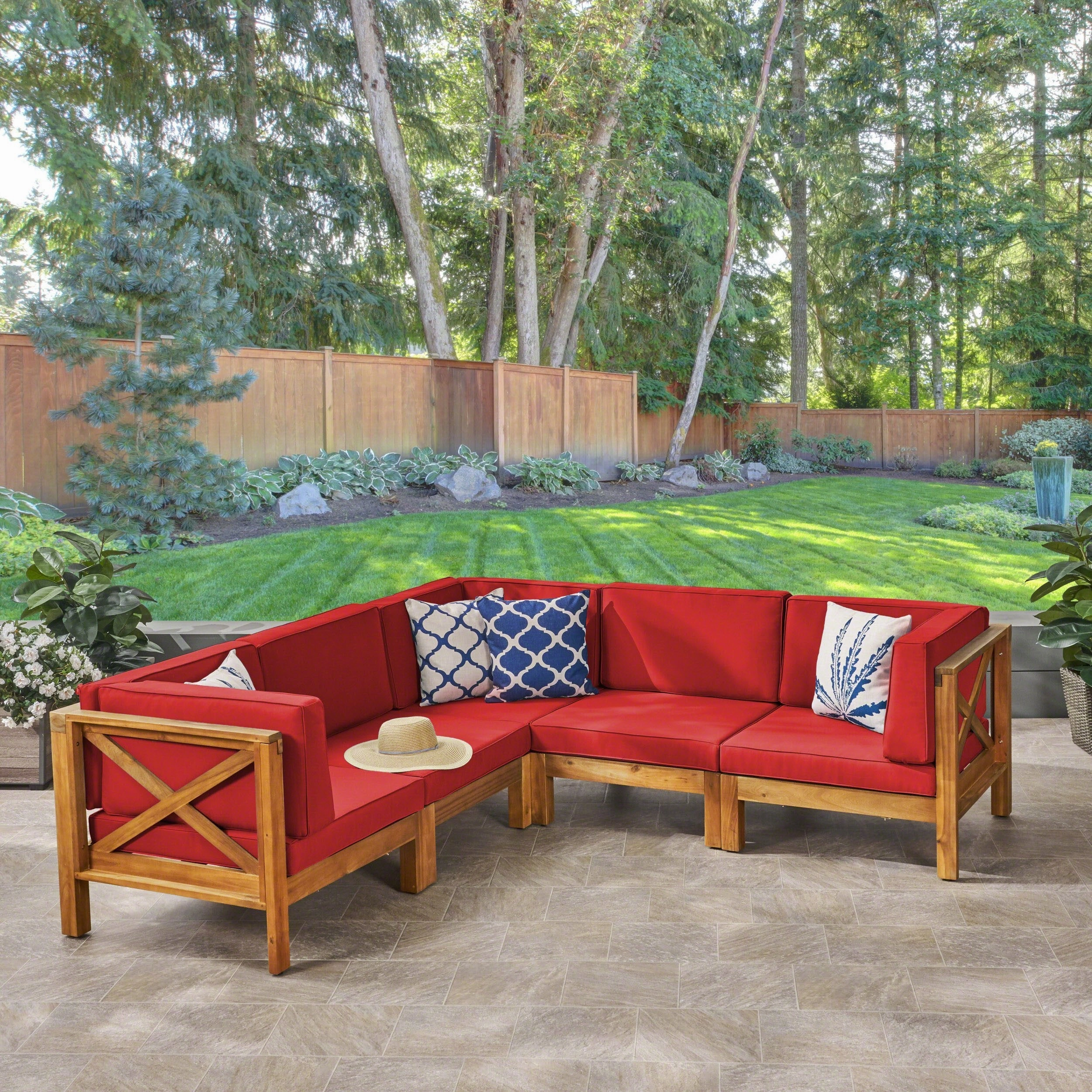 Outdoor Acacia Wood 5 Seater Sectional Sofa Set with Water-Resistant Cushions - NH807603