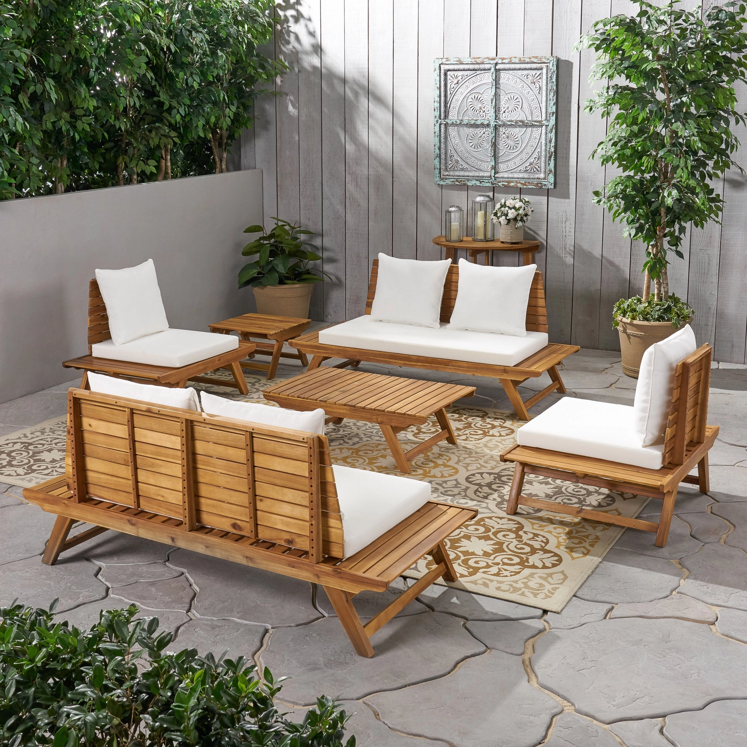 Outdoor Acacia Wood 6 Seater Chat Set with Side Table and Coffee Table - NH966903 outdoor furniture, garden bench