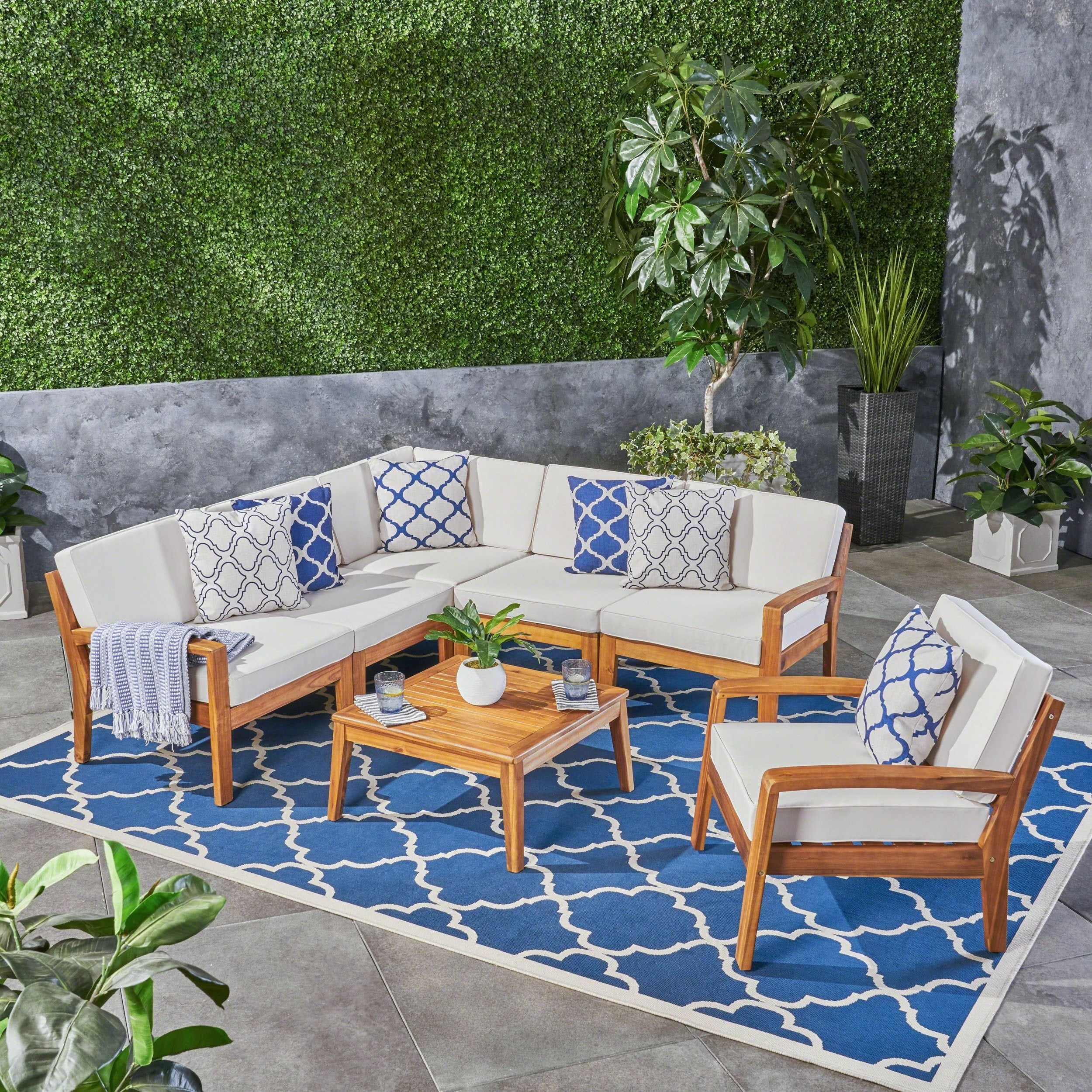 Outdoor Acacia Wood 6 Seater Sectional Sofa and Club Chair Set with Coffee Table - NH345603 outdoor furniture, garden bench