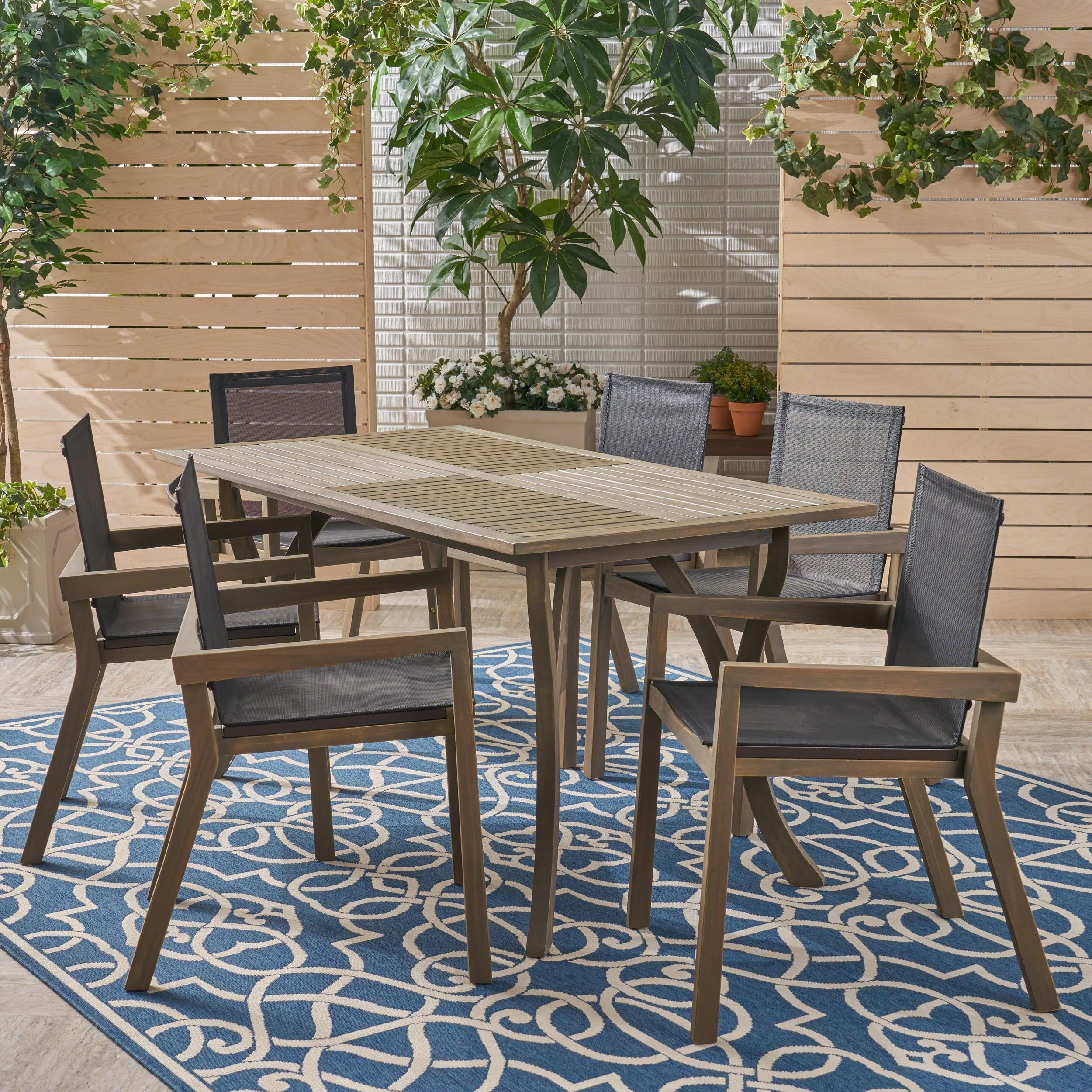Outdoor Acacia Wood 7 Piece Dining Set with Mesh Seats - NH459603 outdoor lounge chair, patio sofa