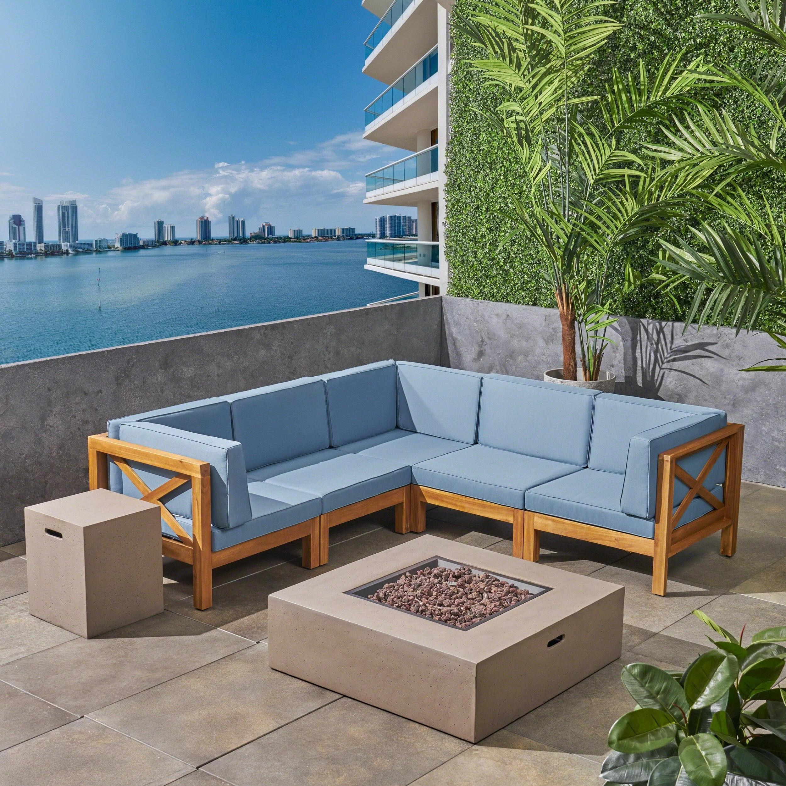 Outdoor Acacia Wood 7-Piece Sectional Sofa Set with Fire Pit - NH917603 outdoor furniture, garden bench