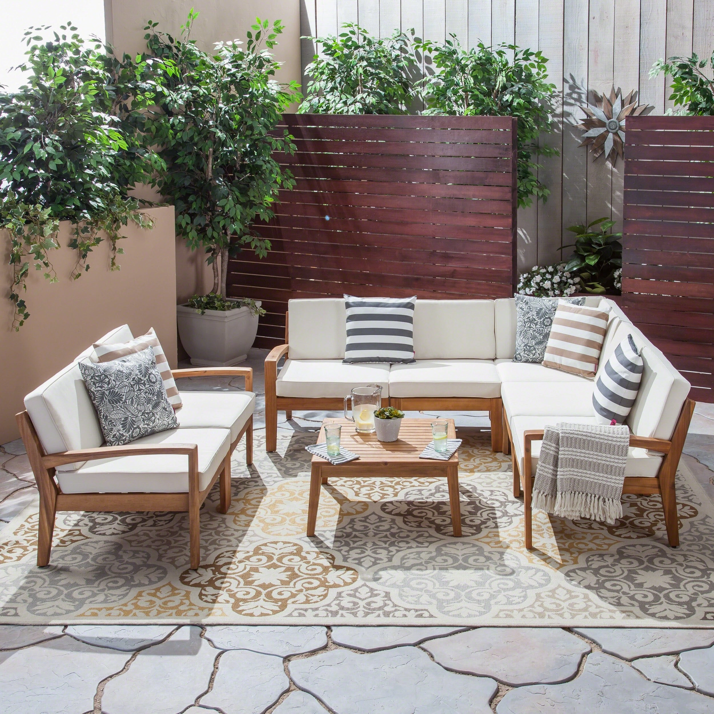 Outdoor Acacia Wood 7 Seater Sectional Sofa and Loveseat Set with Coffee Table - NH845603
