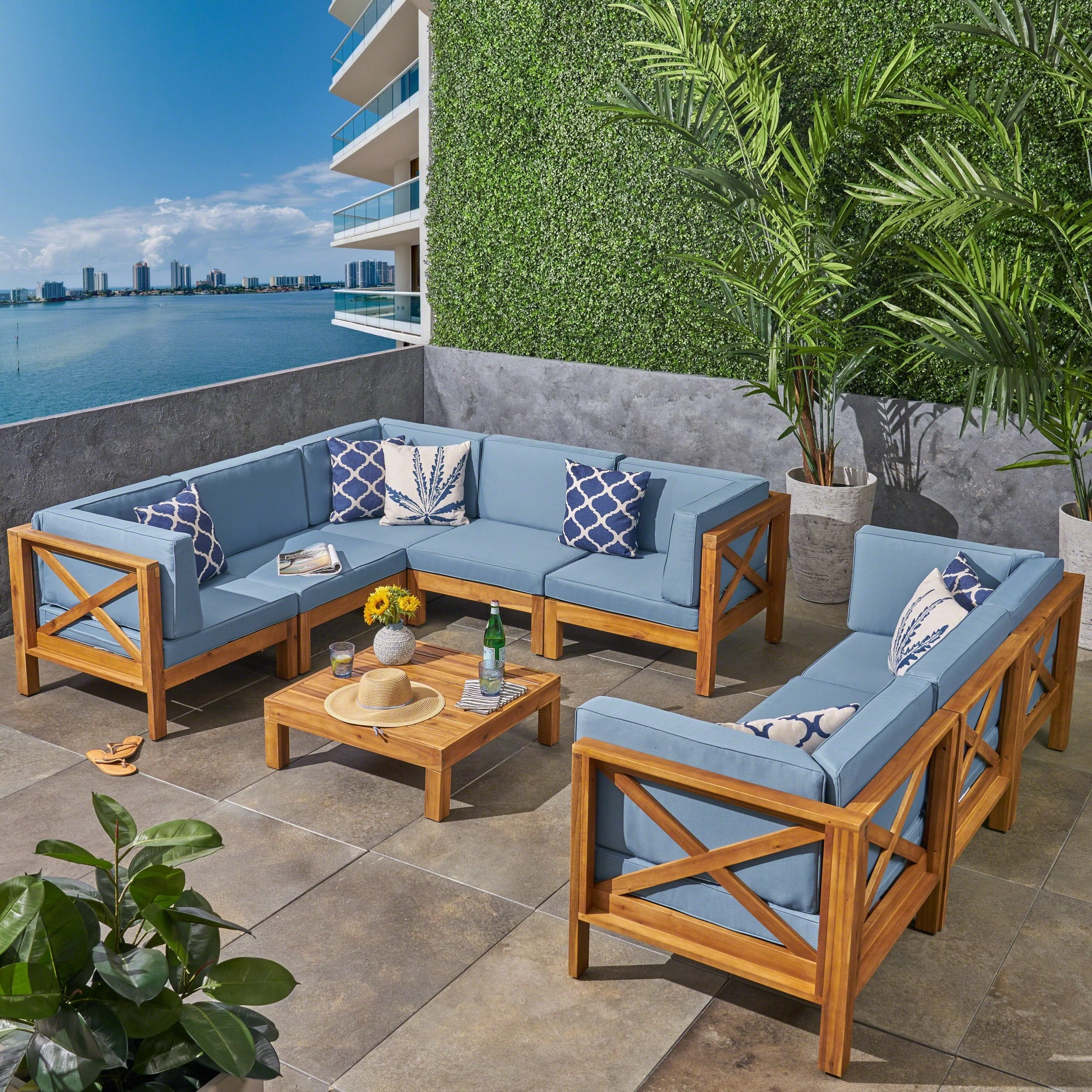 Outdoor Acacia Wood 8 Seater Sectional Sofa Set with Coffee Table, Teak, Blue - NH337603 outdoor furniture, garden bench