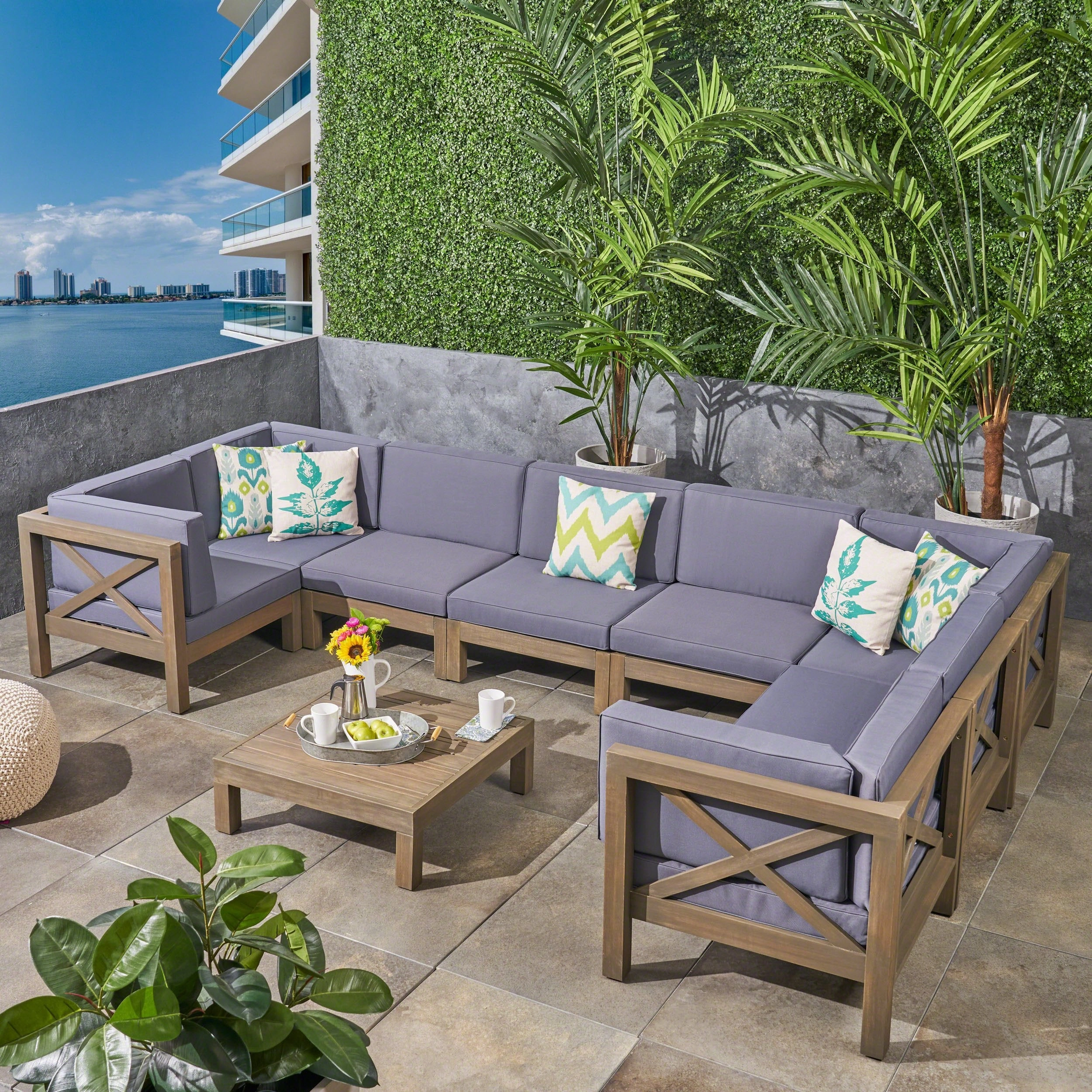 Outdoor Acacia Wood 8 Seater U-Shaped Sectional Sofa Set with Coffee Table - NH247603 outdoor furniture, garden bench