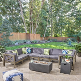 Outdoor Acacia Wood 8 Seater U-Shaped Sectional Sofa Set with Fire Pit - NH057603 outdoor furniture, garden bench