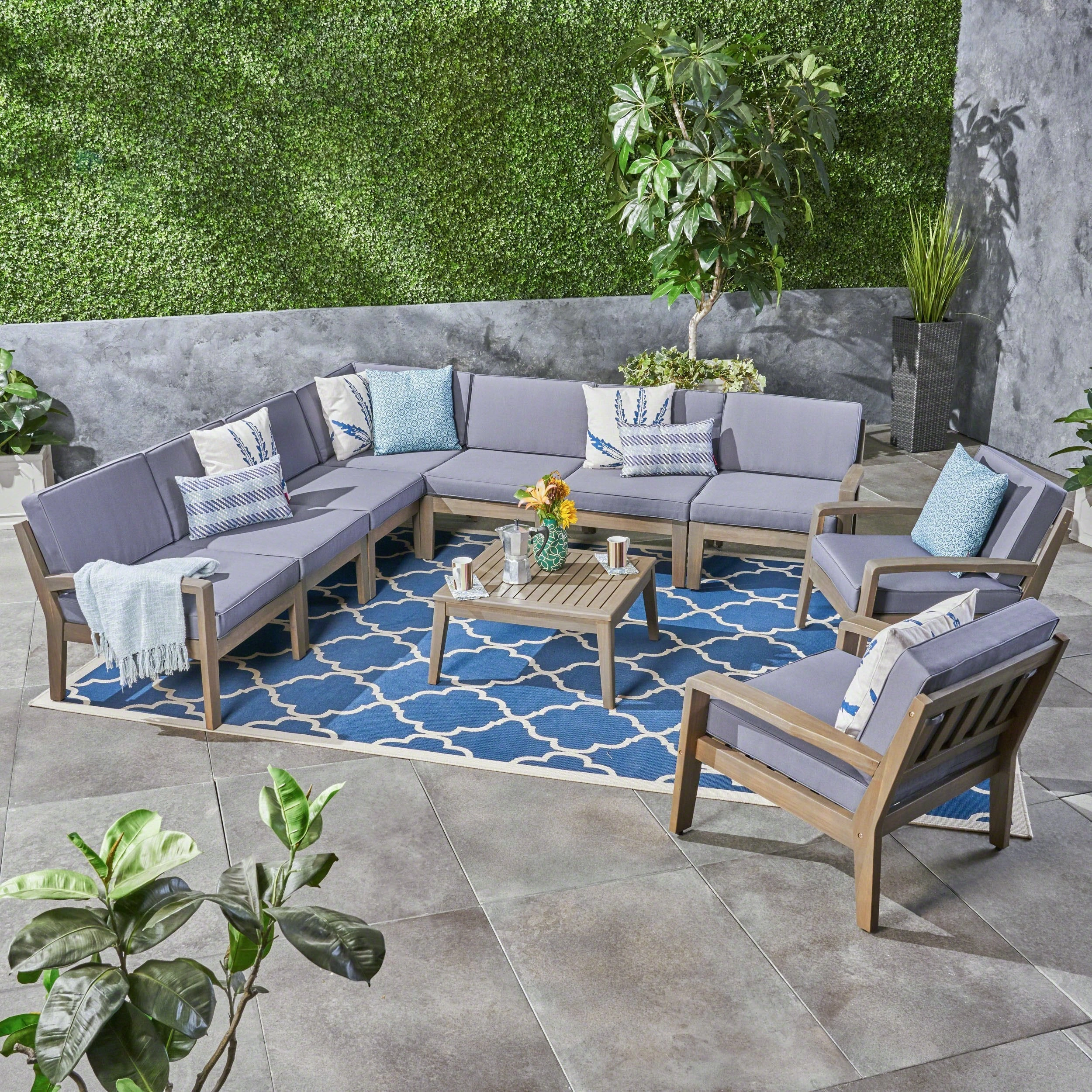 Outdoor Acacia Wood 9 Seater Sectional Sofa and Club Chair Set with Coffee Table - NH755603