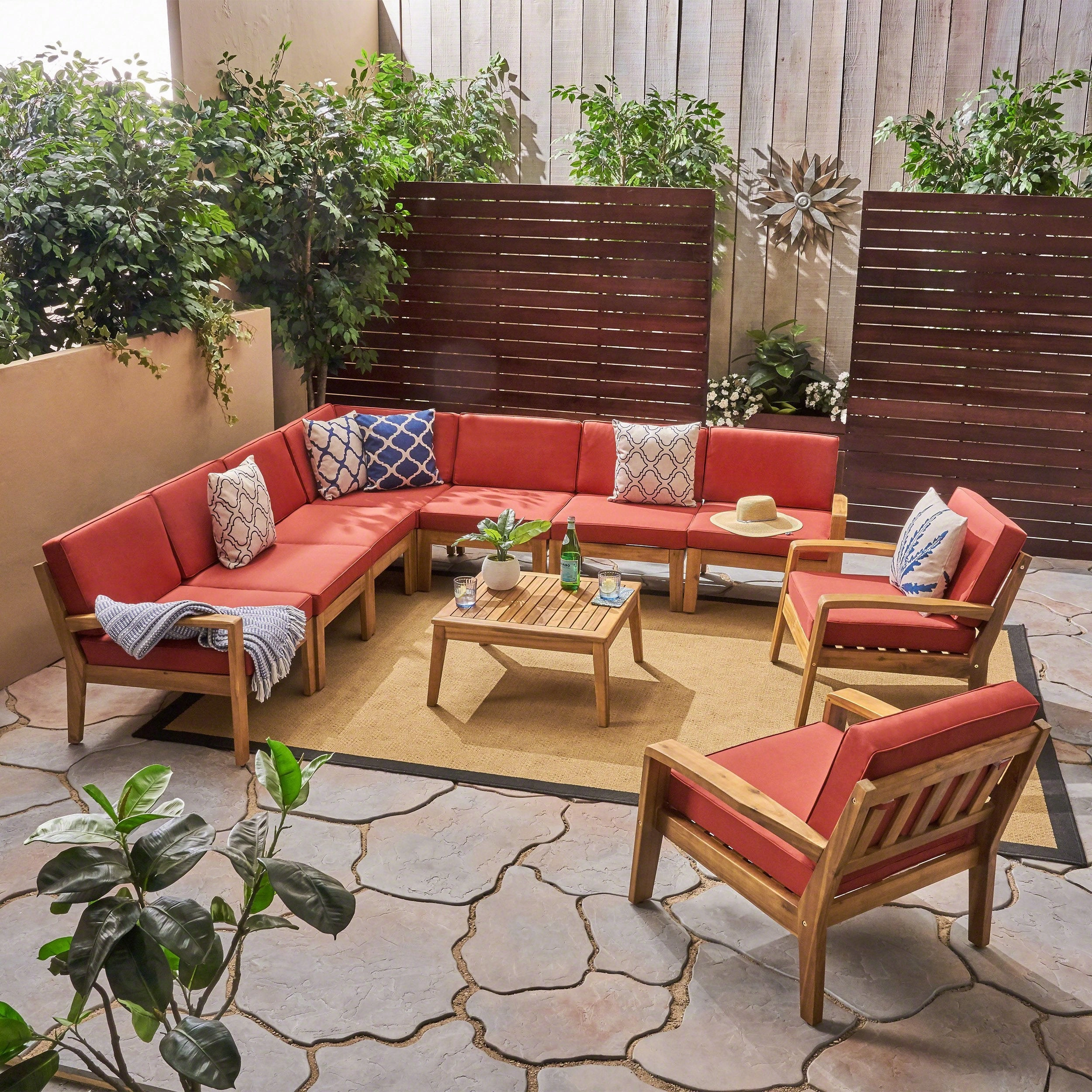 Outdoor Acacia Wood 9 Seater Sectional Sofa and Club Chair Set with Coffee Table - NH755603 outdoor furniture, garden bench