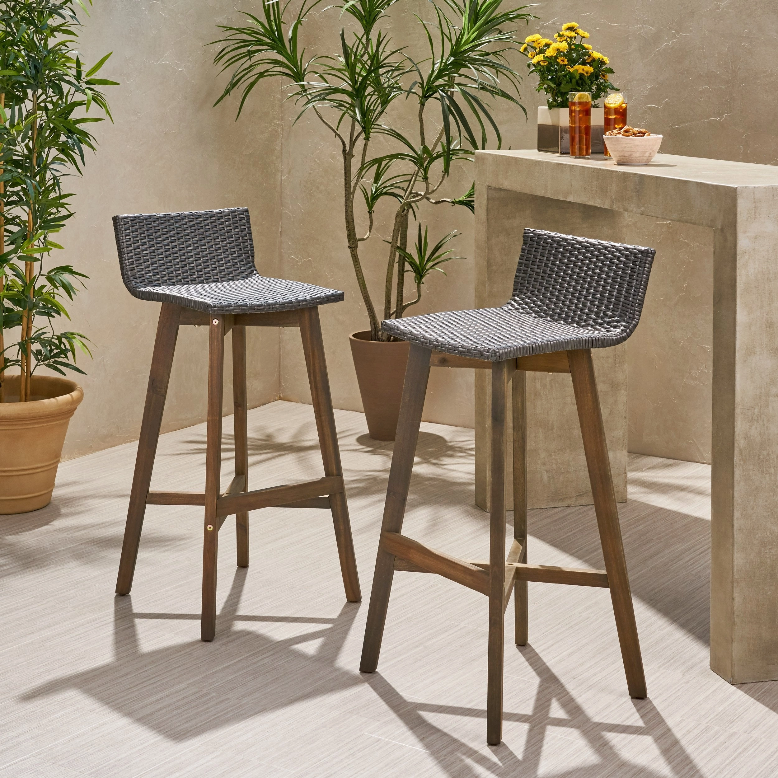 Outdoor Acacia Wood & Wicker Barstools (Set of 2) - NH910013 outdoor furniture, garden bench