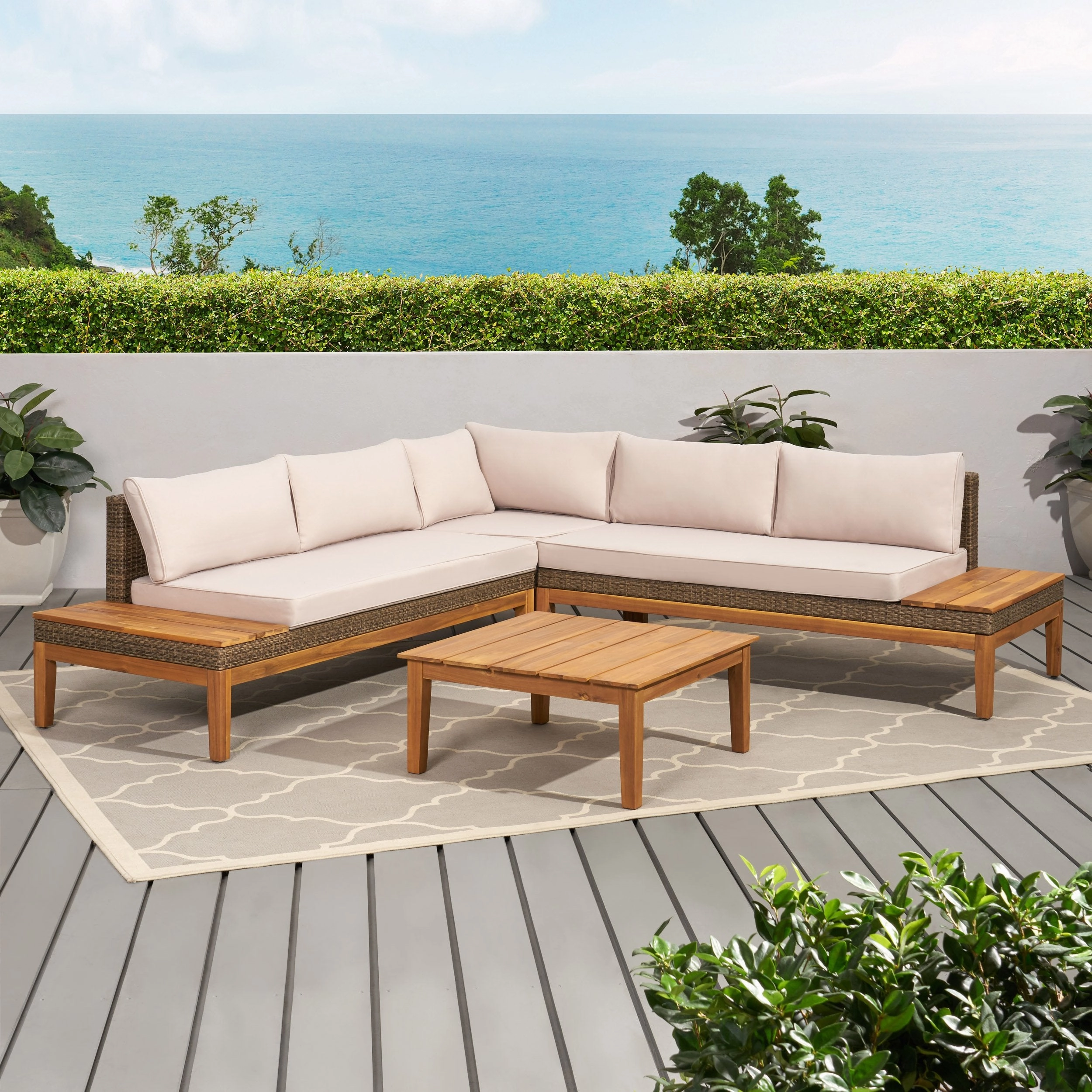 Outdoor Acacia Wood and Wicker 5 Seater Sectional Sofa Set with Water-Resistant Cushions - NH761113 outdoor furniture, garden bench