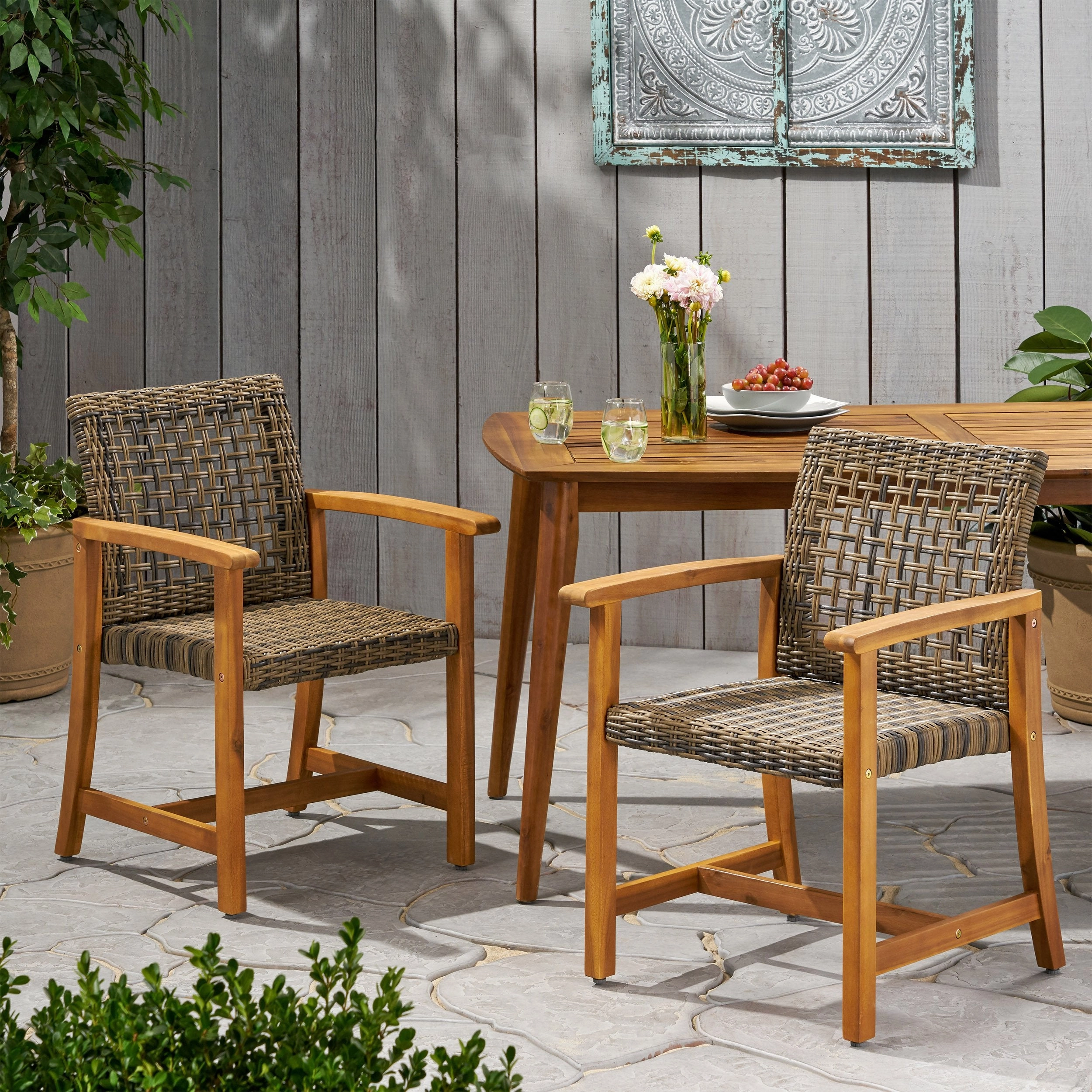Outdoor Acacia Wood and Wicker Dining Chair (Set of 2) - NH993013 outdoor furniture, garden bench