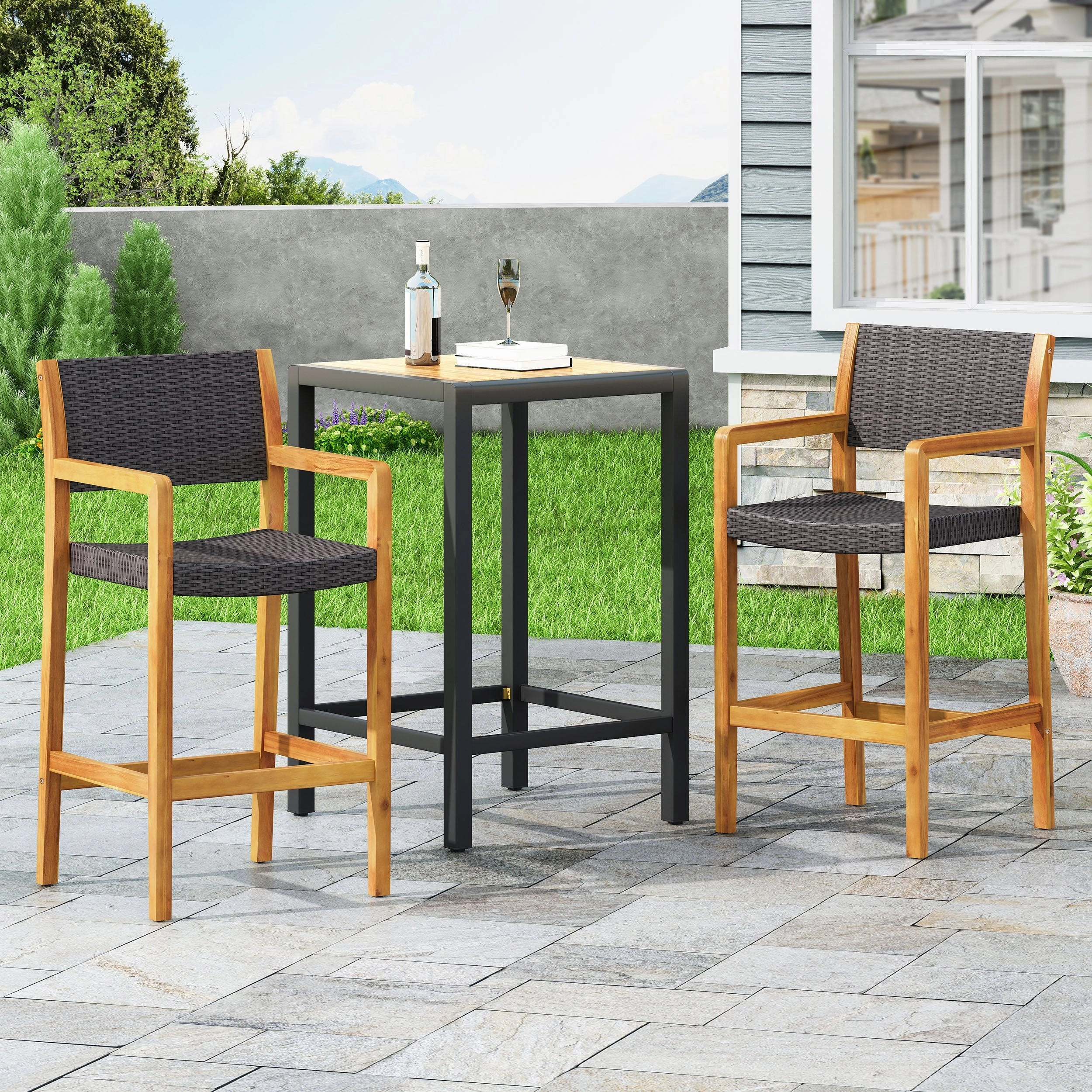 Outdoor Acacia Wood Barstools with Wicker (Set of 2) - NH138213 outdoor furniture, garden bench