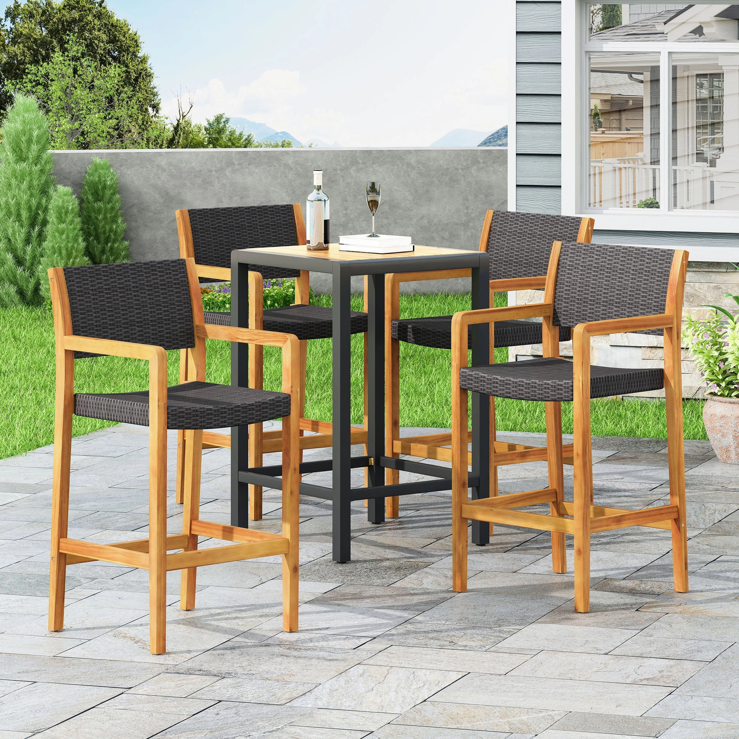 Outdoor Acacia Wood Barstools with Wicker (Set of 4) - NH338213 outdoor furniture, garden bench
