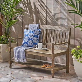 Outdoor Acacia Wood Bench with Shelf - NH533503 outdoor furniture, garden bench