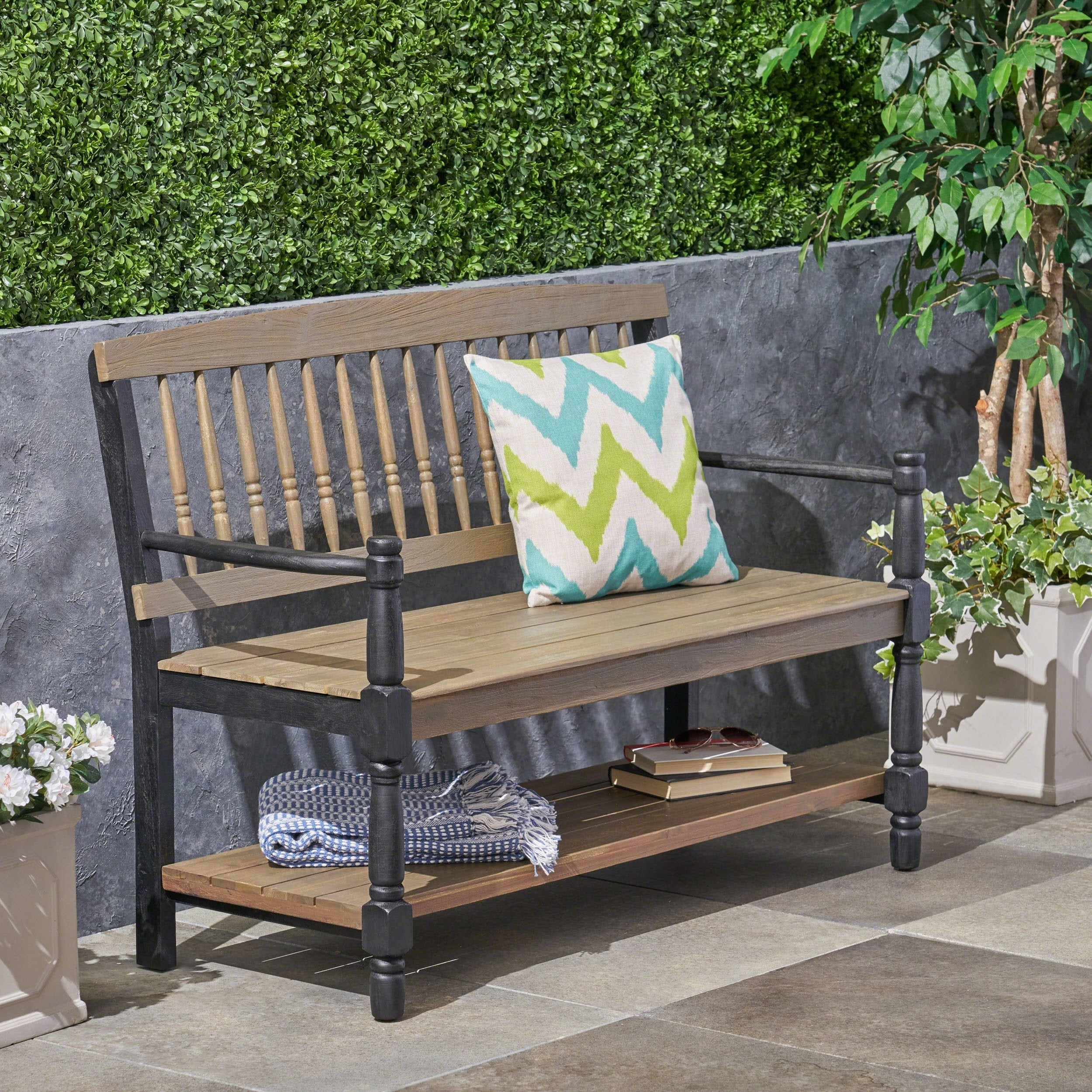 Outdoor Acacia Wood Bench with Shelf - NH733503 outdoor furniture, garden bench
