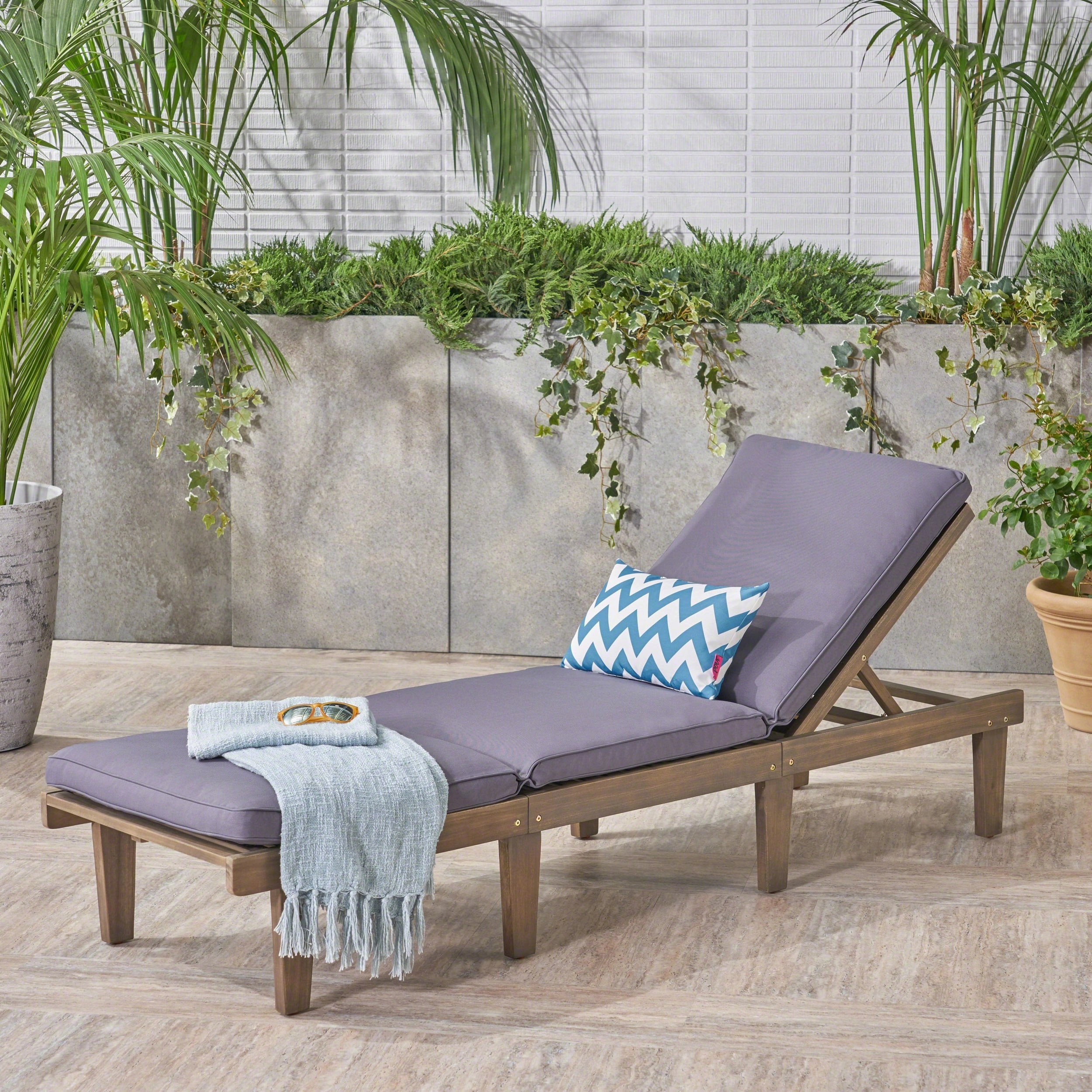 Outdoor Acacia Wood Chaise Lounge with Cushion, Gray and Dark Gray - NH673403 outdoor furniture, garden bench