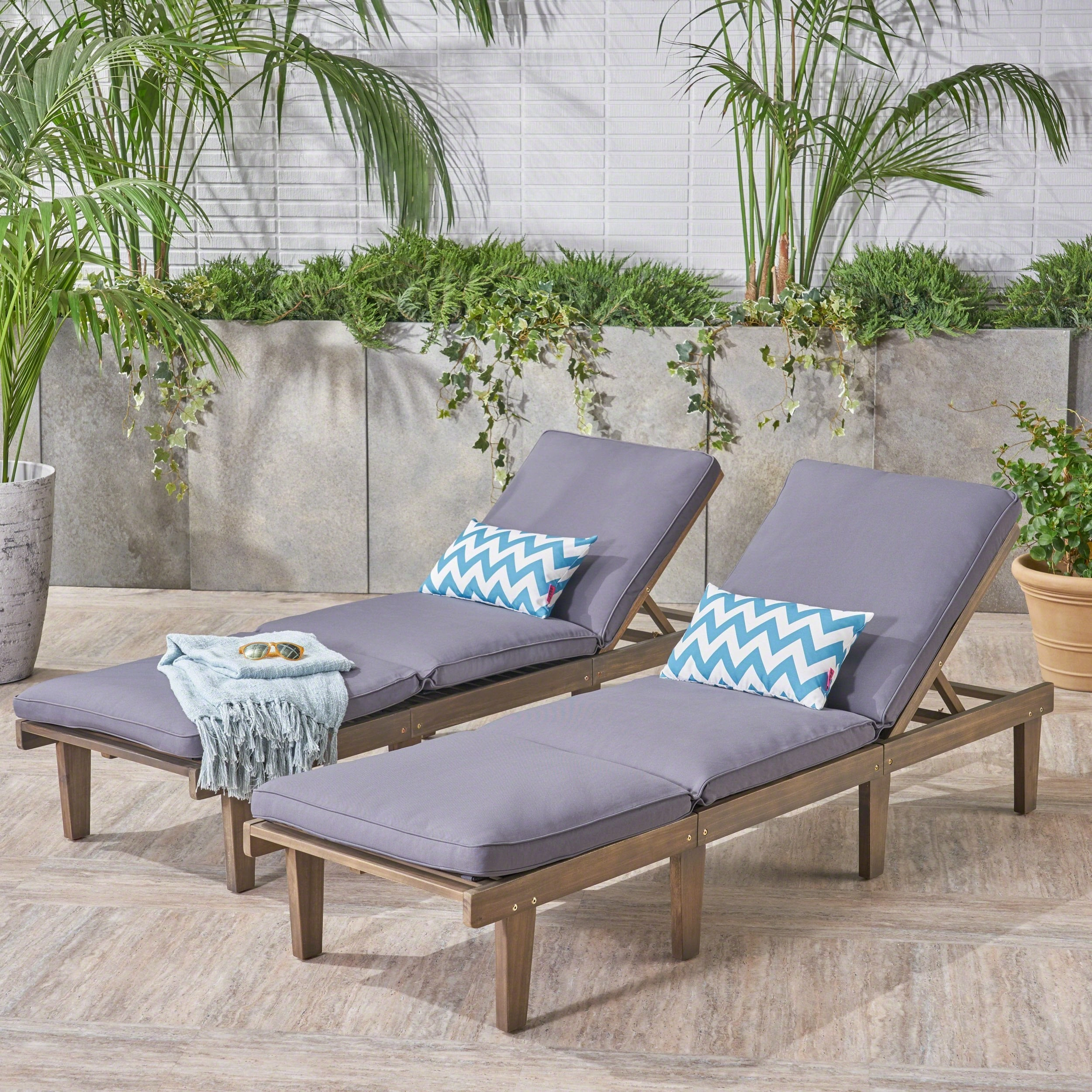 Outdoor Acacia Wood Chaise Lounge with Cushion, Gray and Dark Gray - NH673403