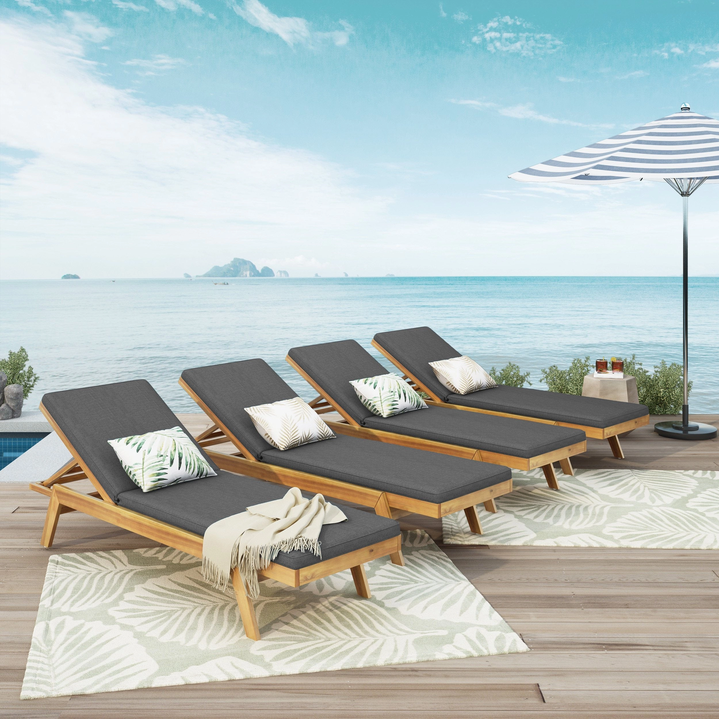 Outdoor Acacia Wood Chaise Lounge with Water Resistant Cushions, Set of 4 - NH848413