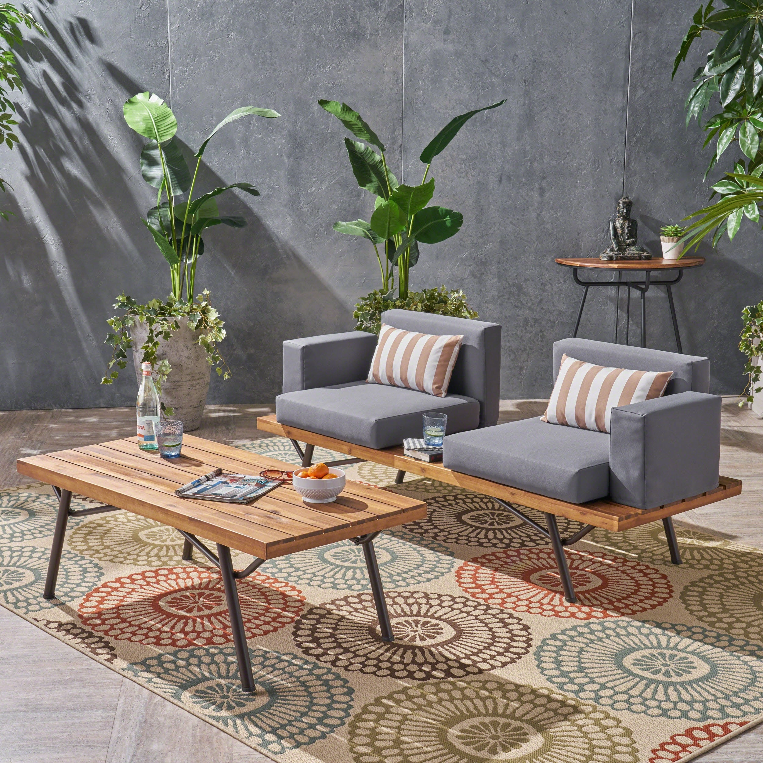 Outdoor Acacia Wood Chat Set, Teak Finish and Dark Gray - NH762503 outdoor furniture, garden bench